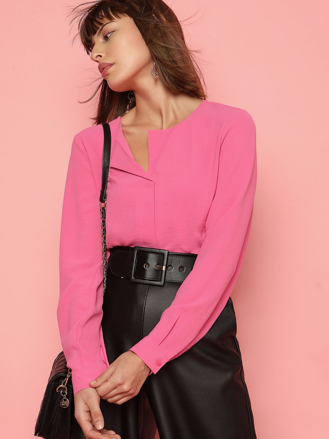 Pink Folded Collar Top