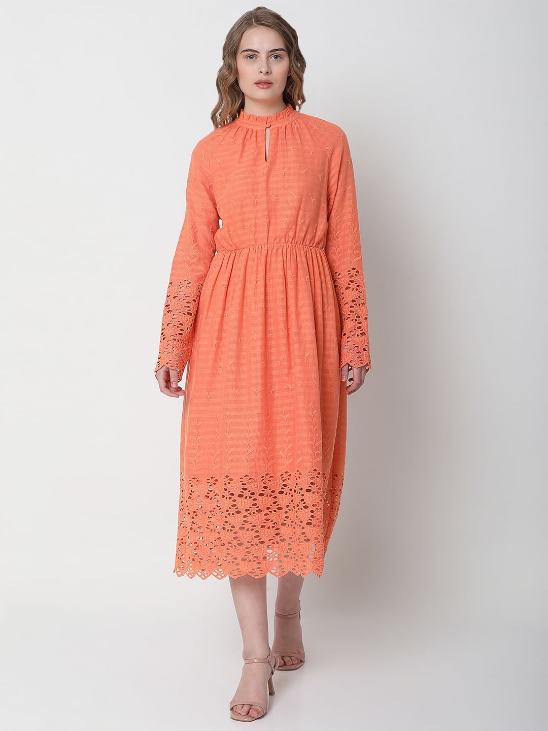 Peach Embroidered Midi Dress