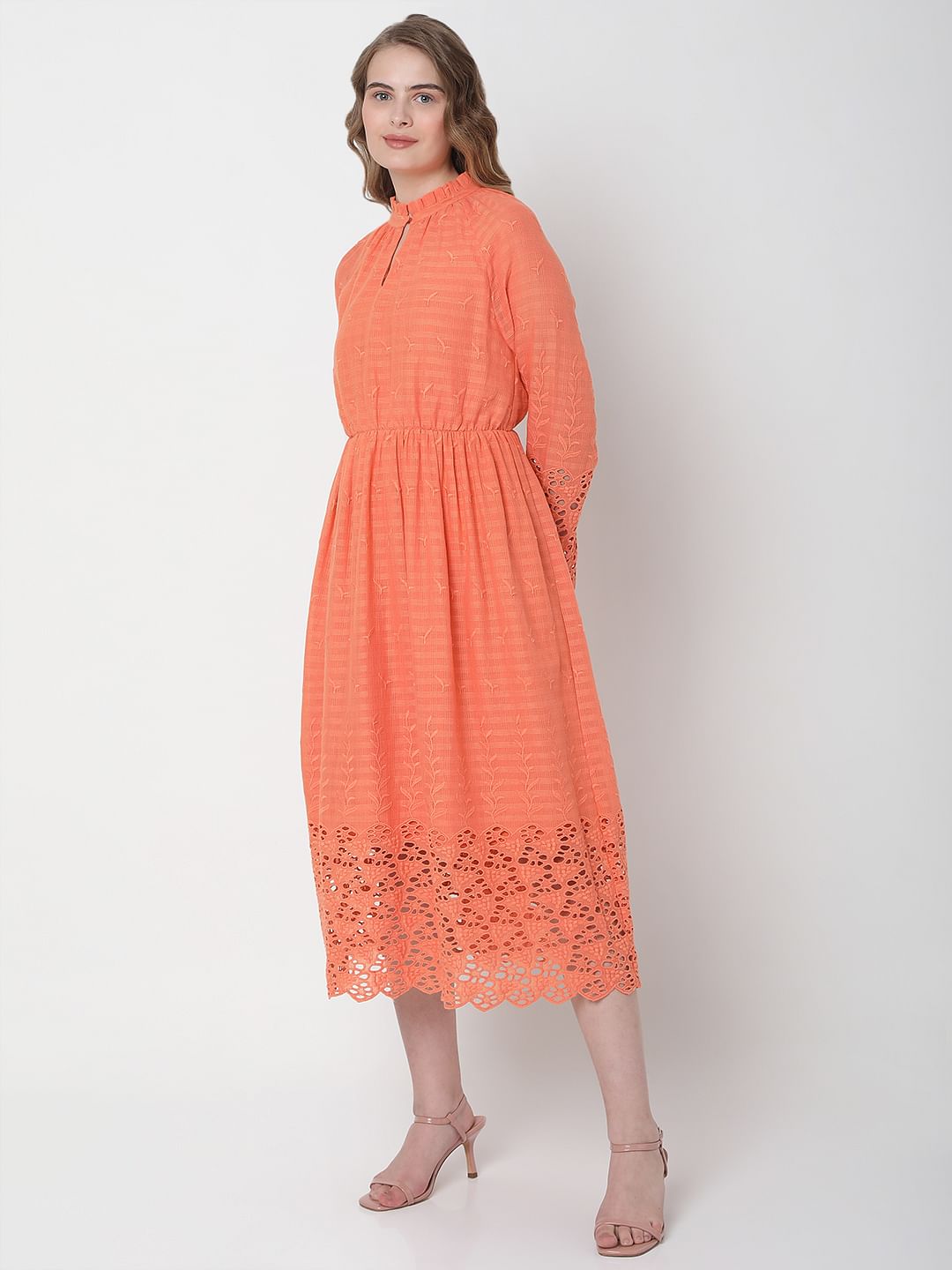 Peach Embroidered Midi Dress