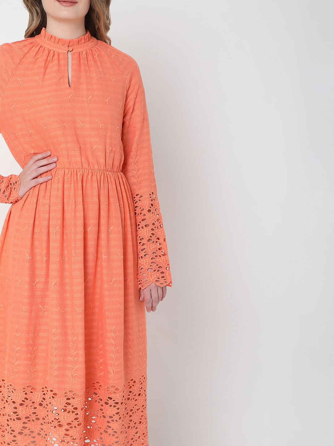 Peach Embroidered Midi Dress