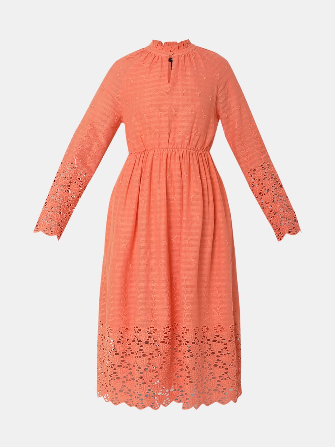 Peach Embroidered Midi Dress