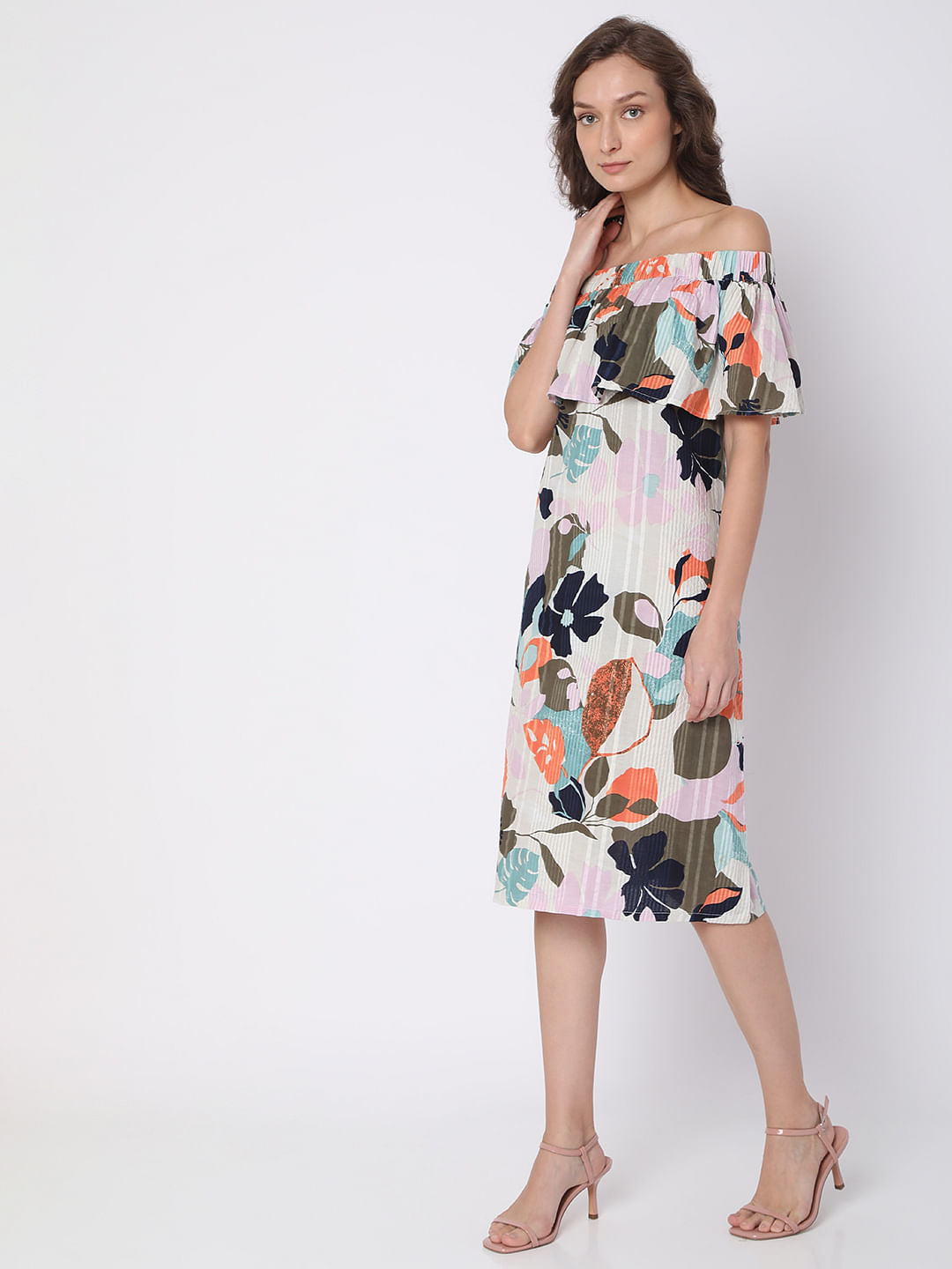 Beige Floral Off-Shoulder Midi Dress