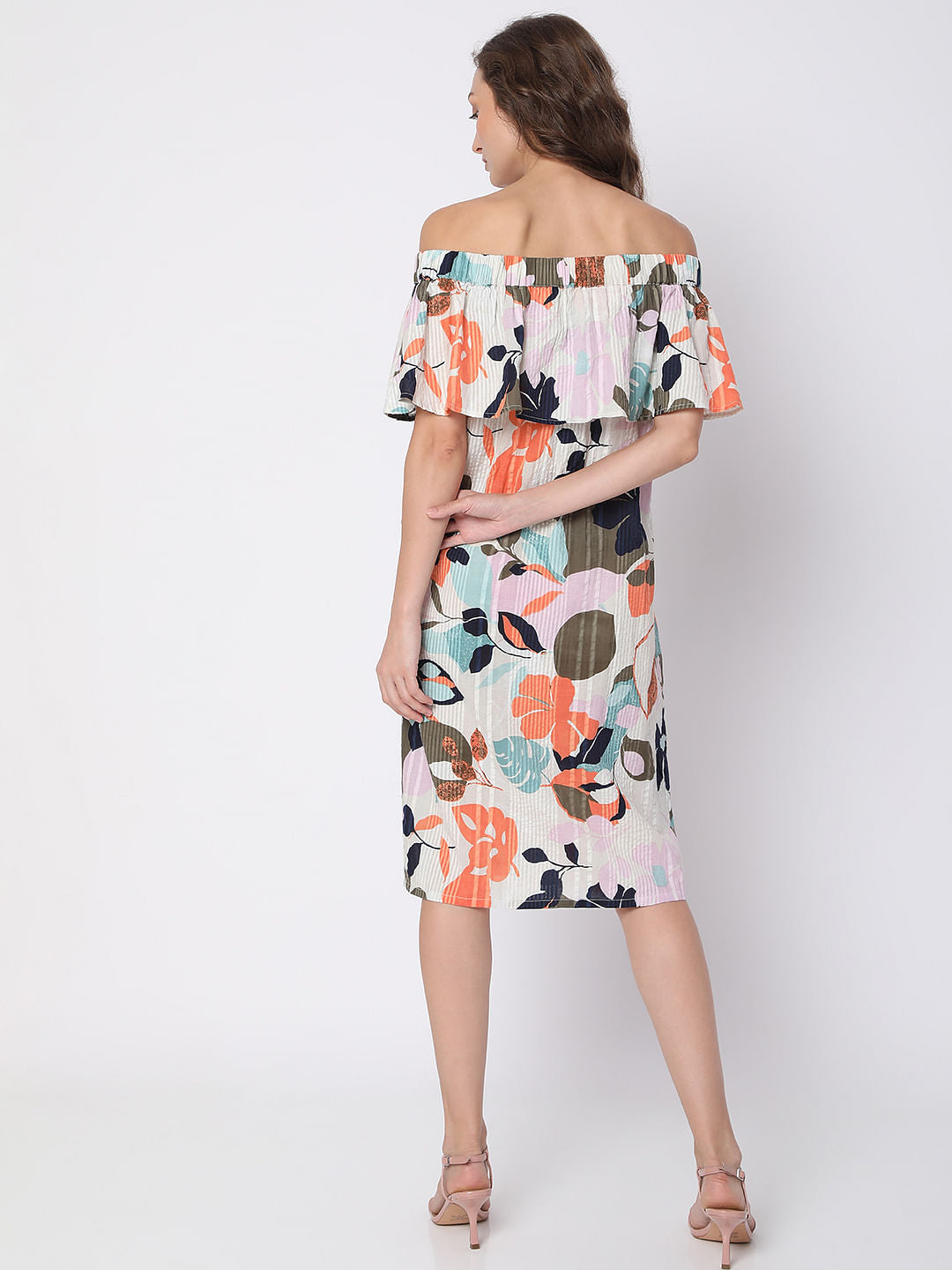 Beige Floral Off-Shoulder Midi Dress