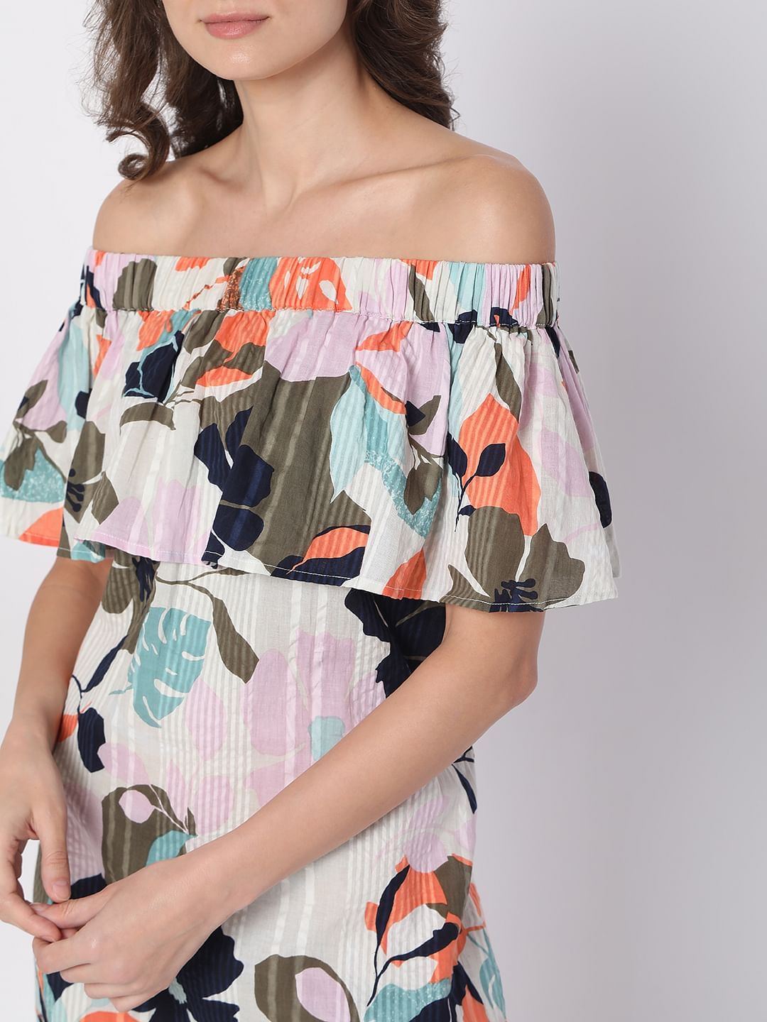 Beige Floral Off-Shoulder Midi Dress