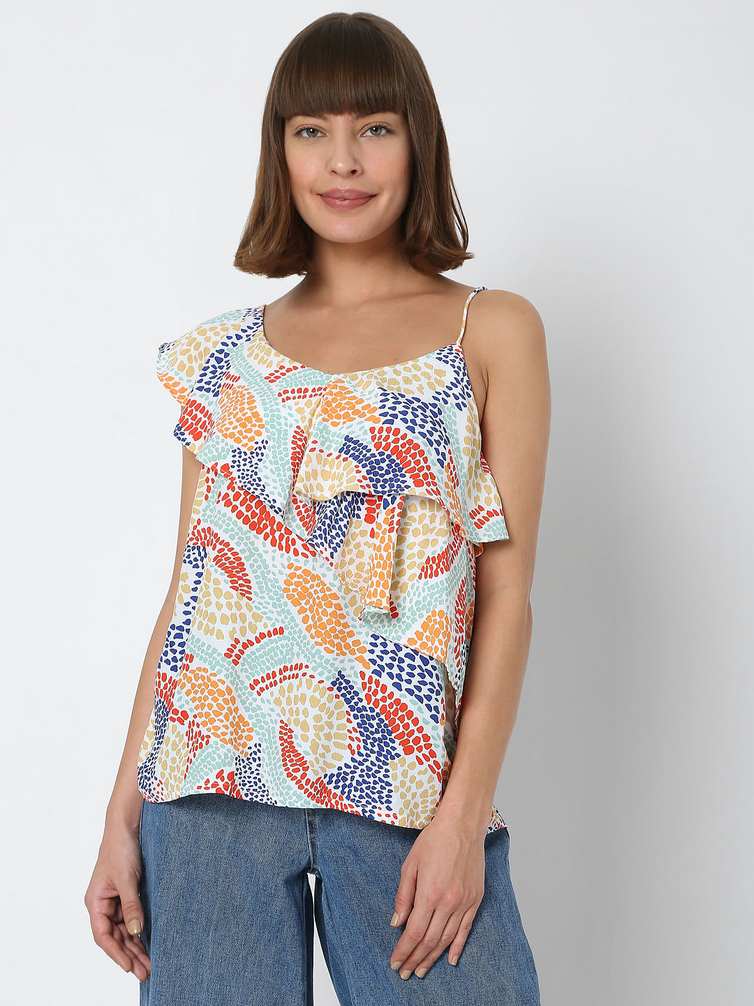 White Abstract Print Top