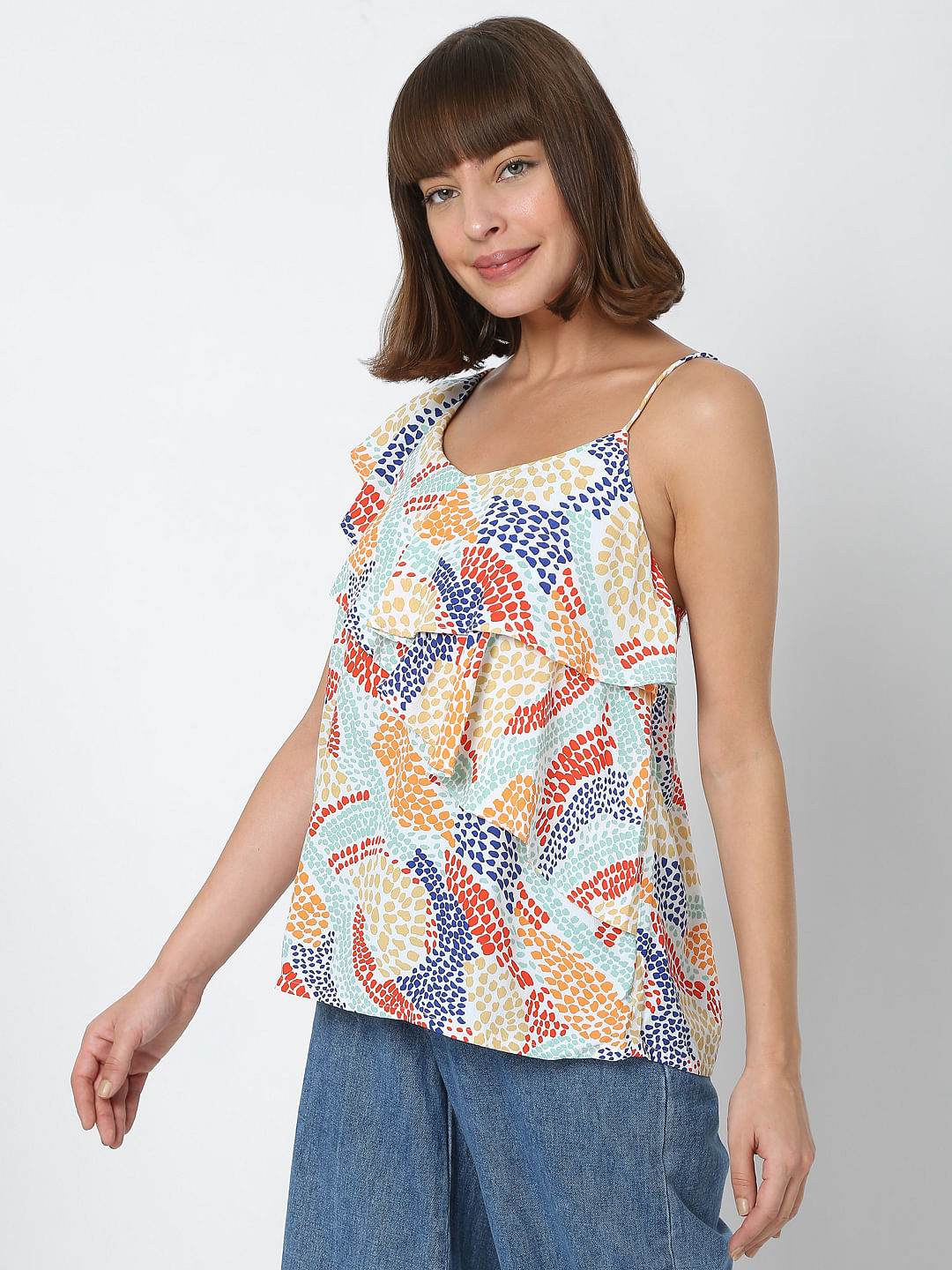 White Abstract Print Top