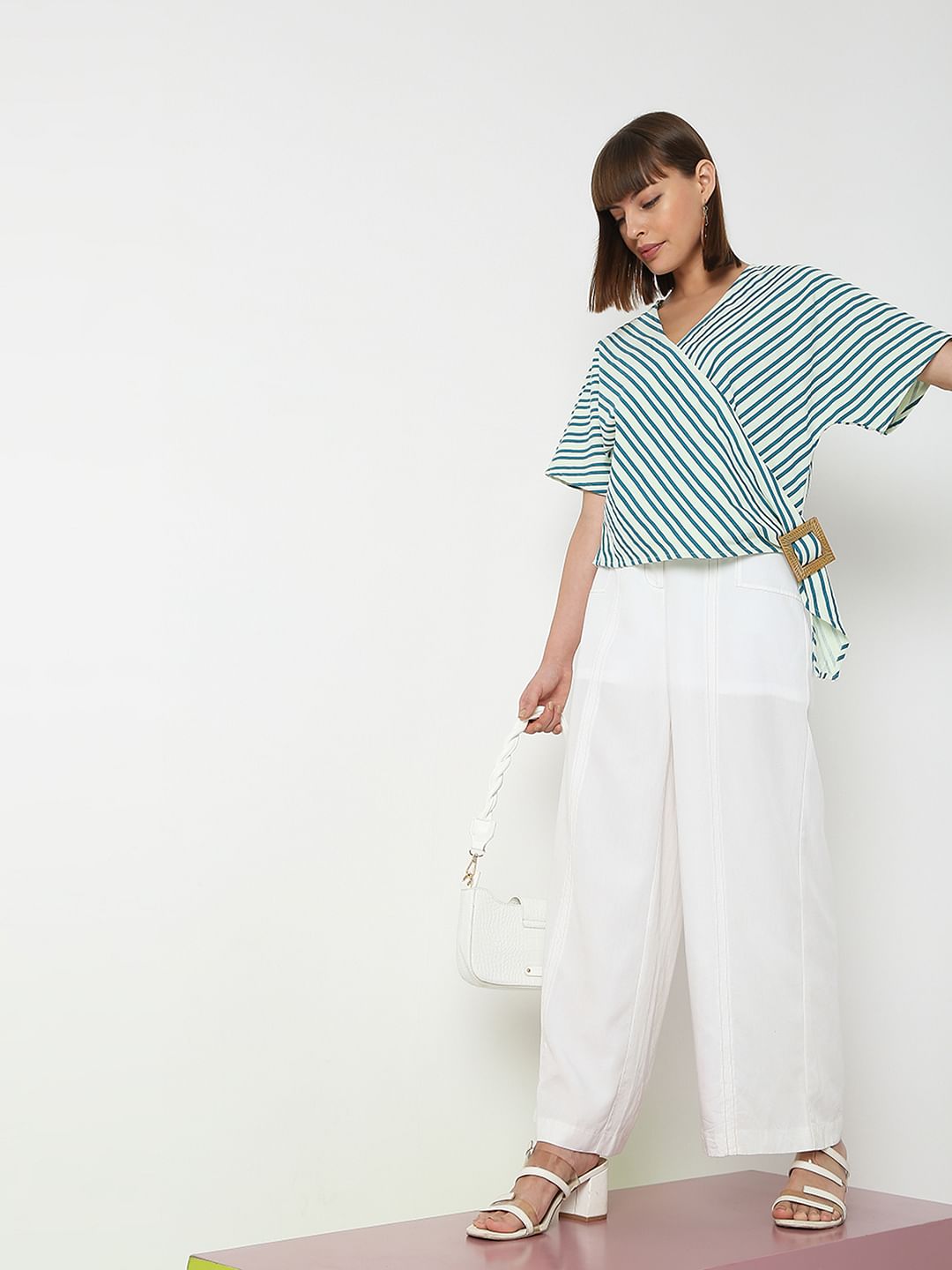 Green Striped Wrap Top