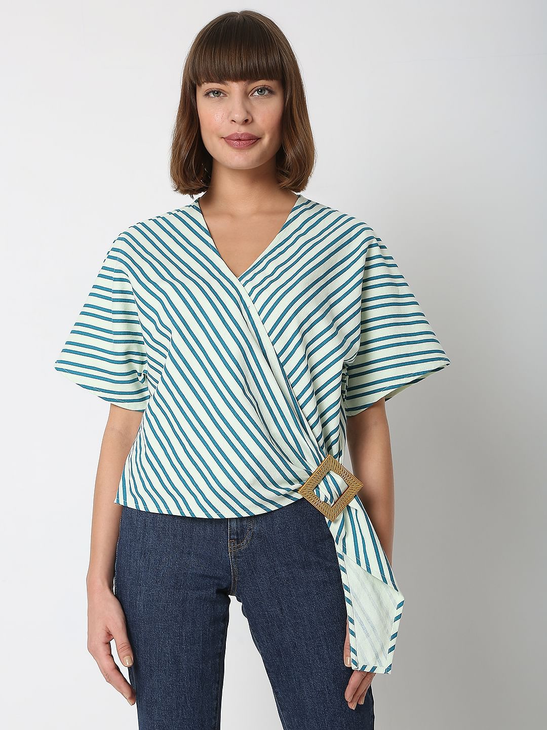 Green Striped Wrap Top