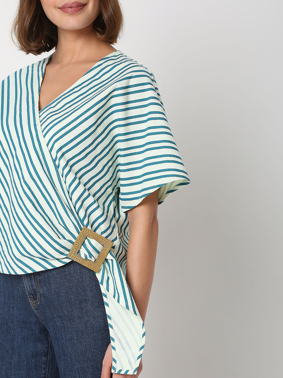 Green Striped Wrap Top