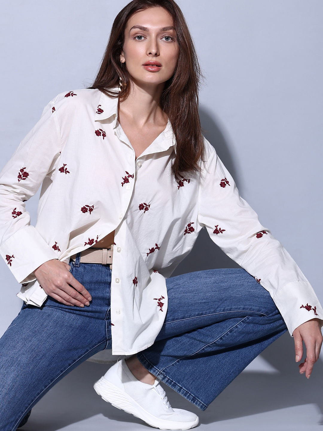 Beige Floral Embroidered Shirt