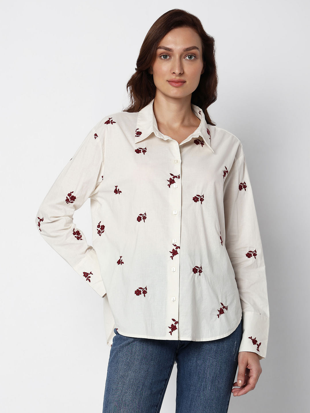 Beige Floral Embroidered Shirt