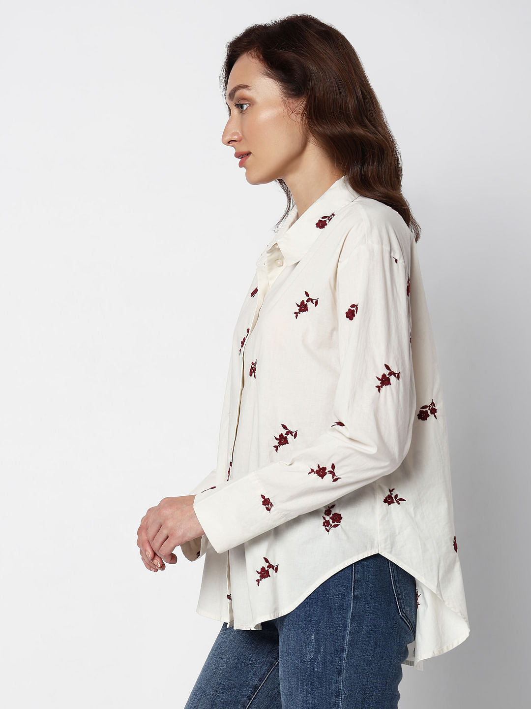 Beige Floral Embroidered Shirt