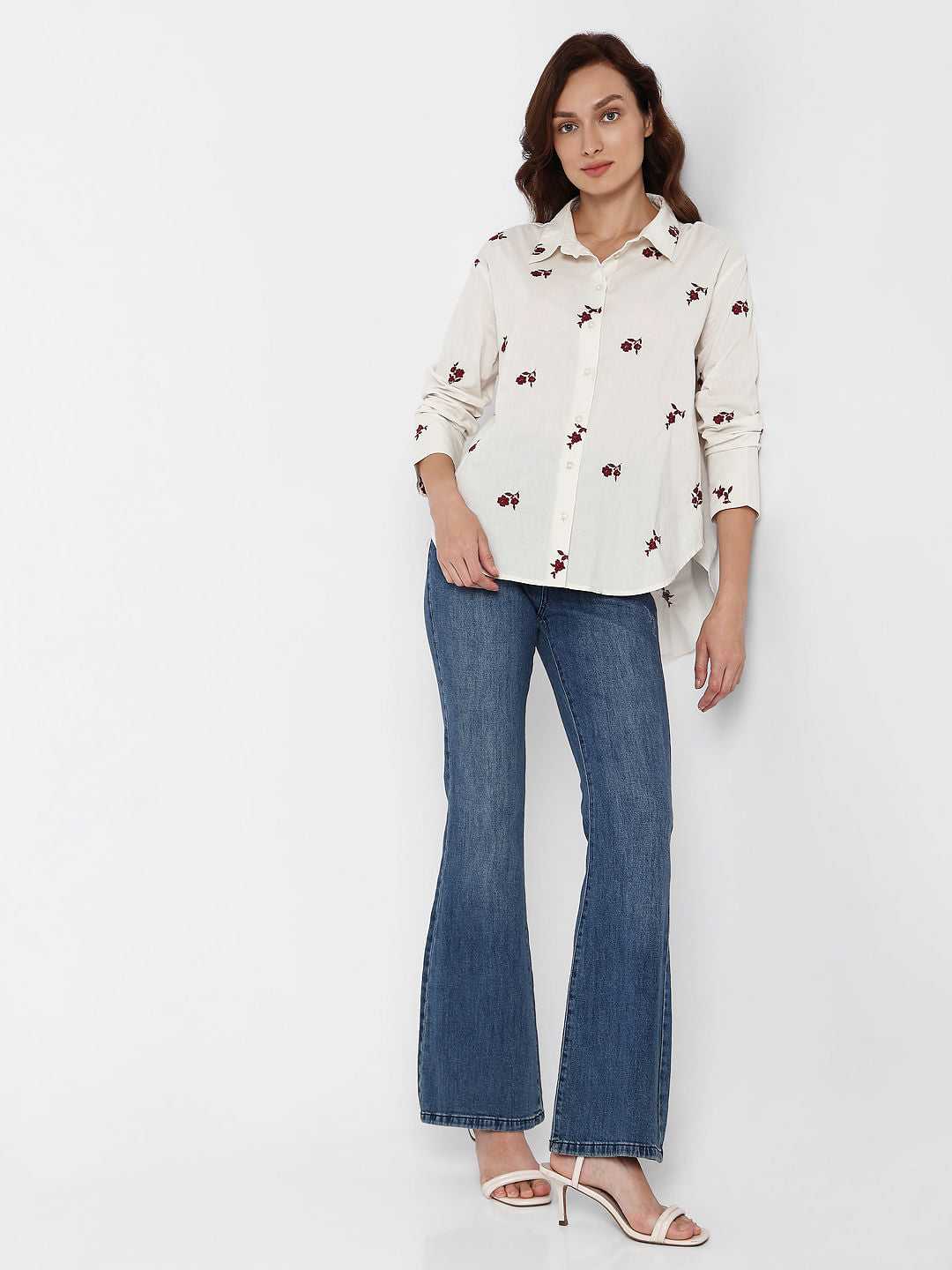 Beige Floral Embroidered Shirt