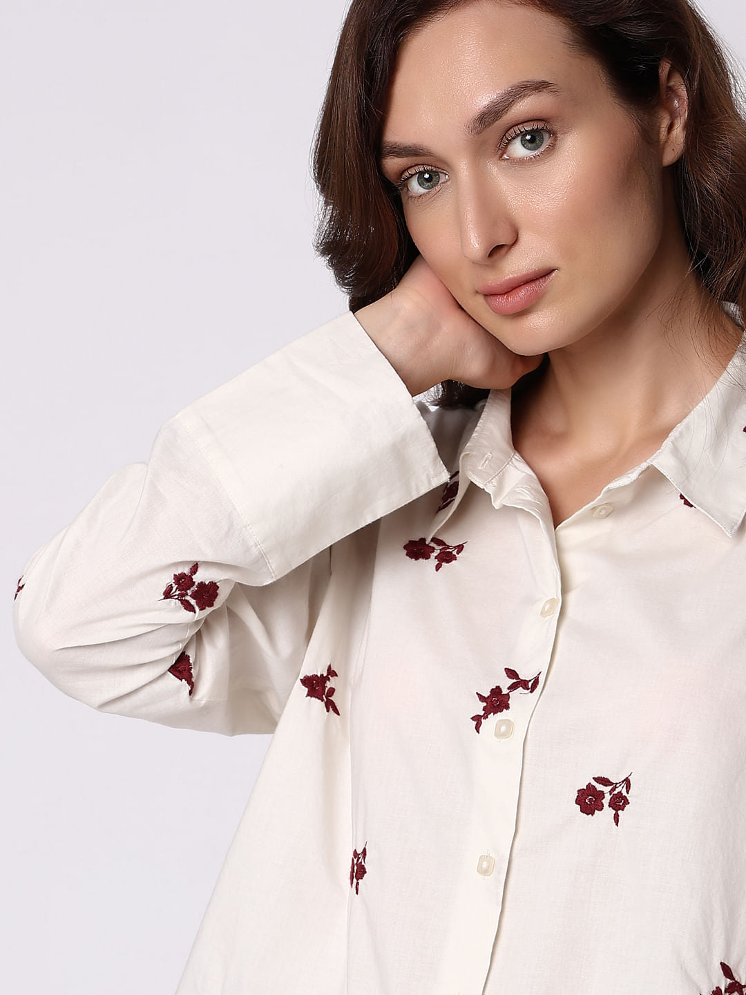Beige Floral Embroidered Shirt