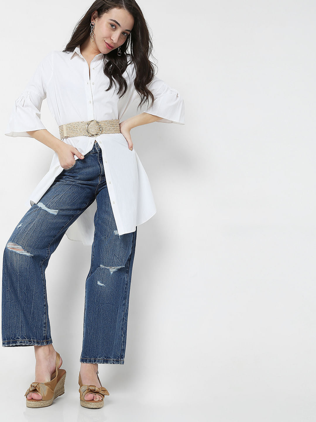 Blue High Waist Wide Leg Torn Jeans