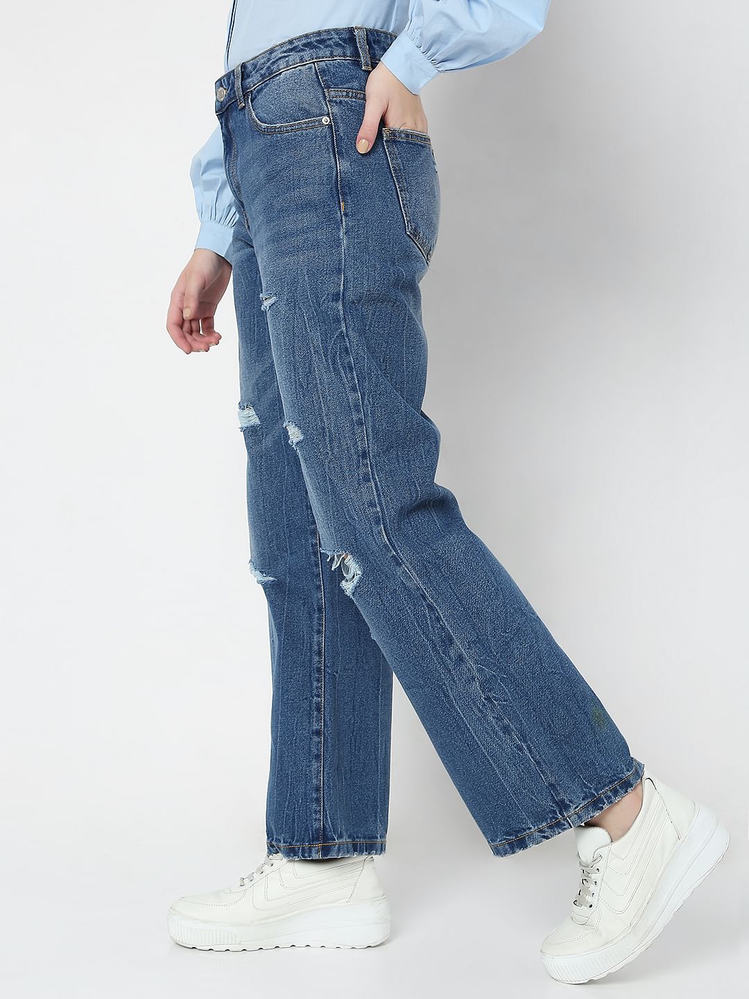 Blue High Waist Wide Leg Torn Jeans
