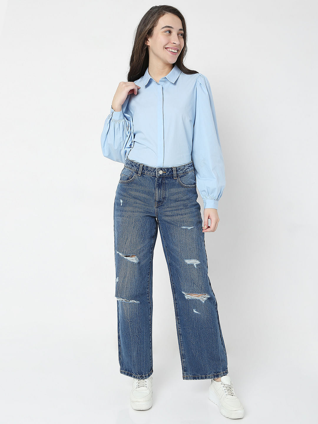 Blue High Waist Wide Leg Torn Jeans