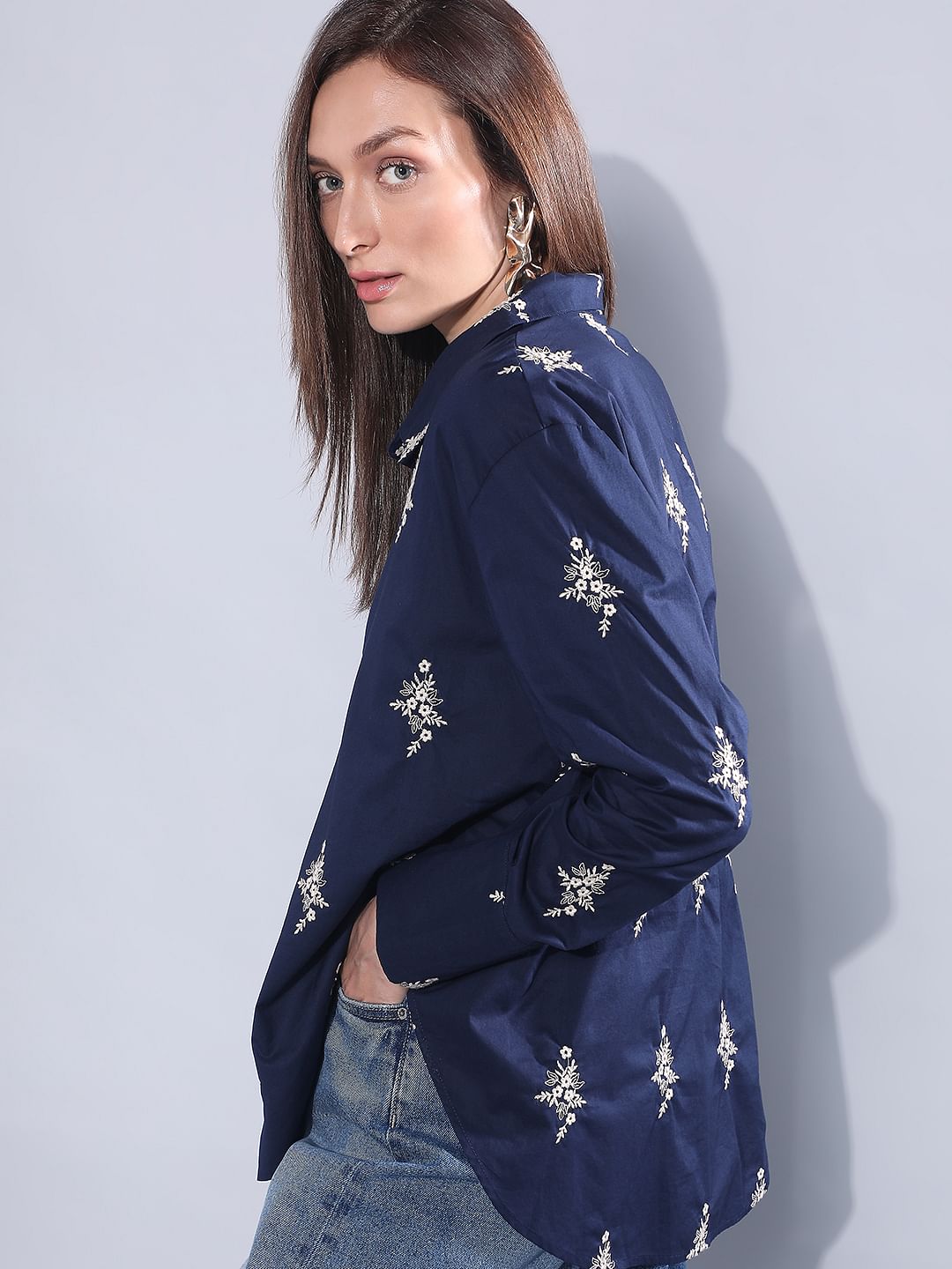 Navy Blue Embroidered Shirt