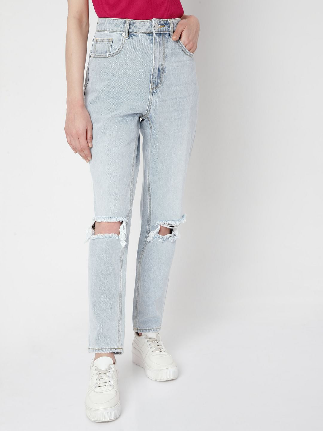 Blue High Rise Ripped Mom Jeans