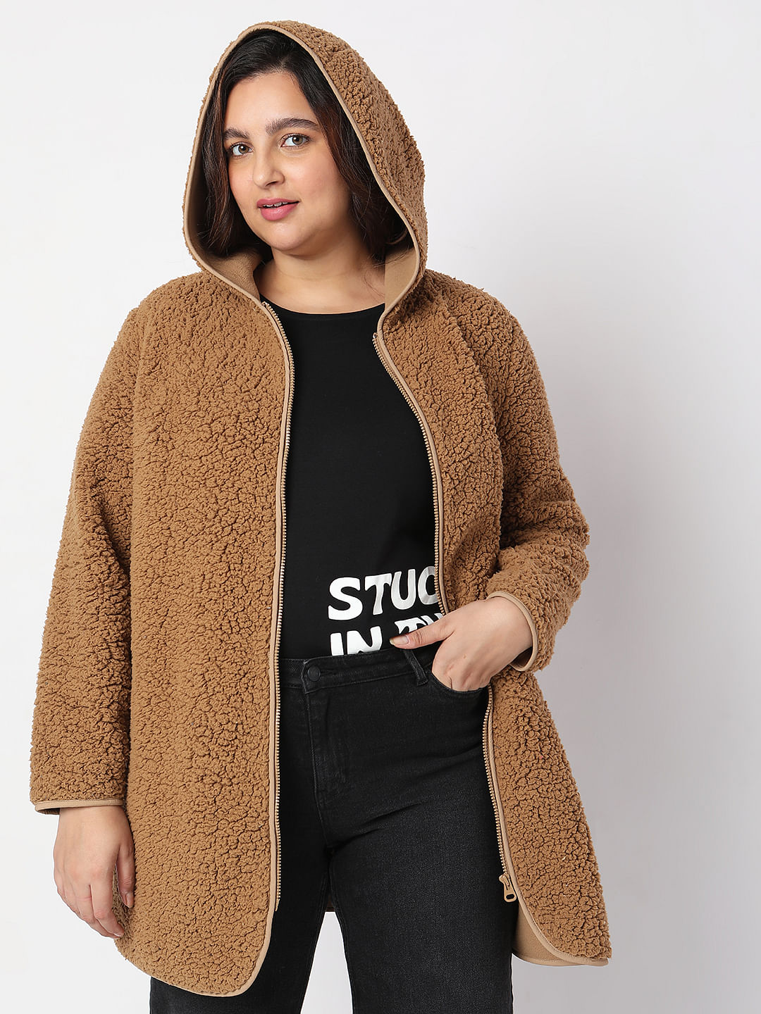Curve Brown Teddy Hooded Jacket