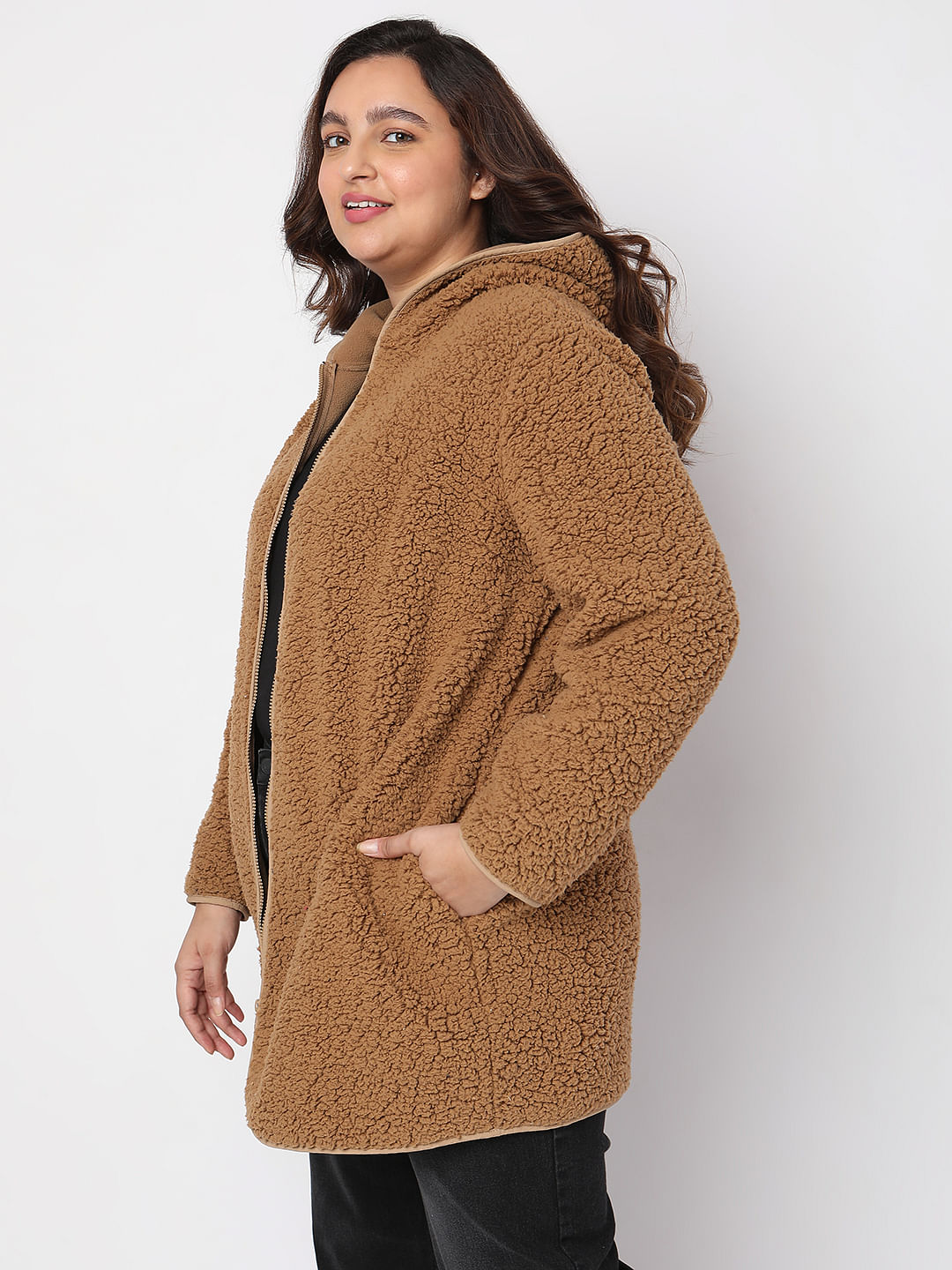 Curve Brown Teddy Hooded Jacket