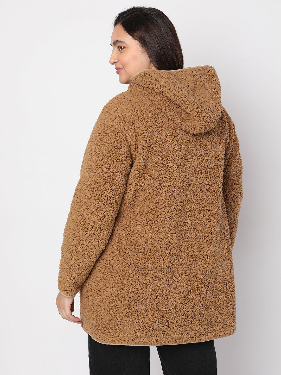 Curve Brown Teddy Hooded Jacket