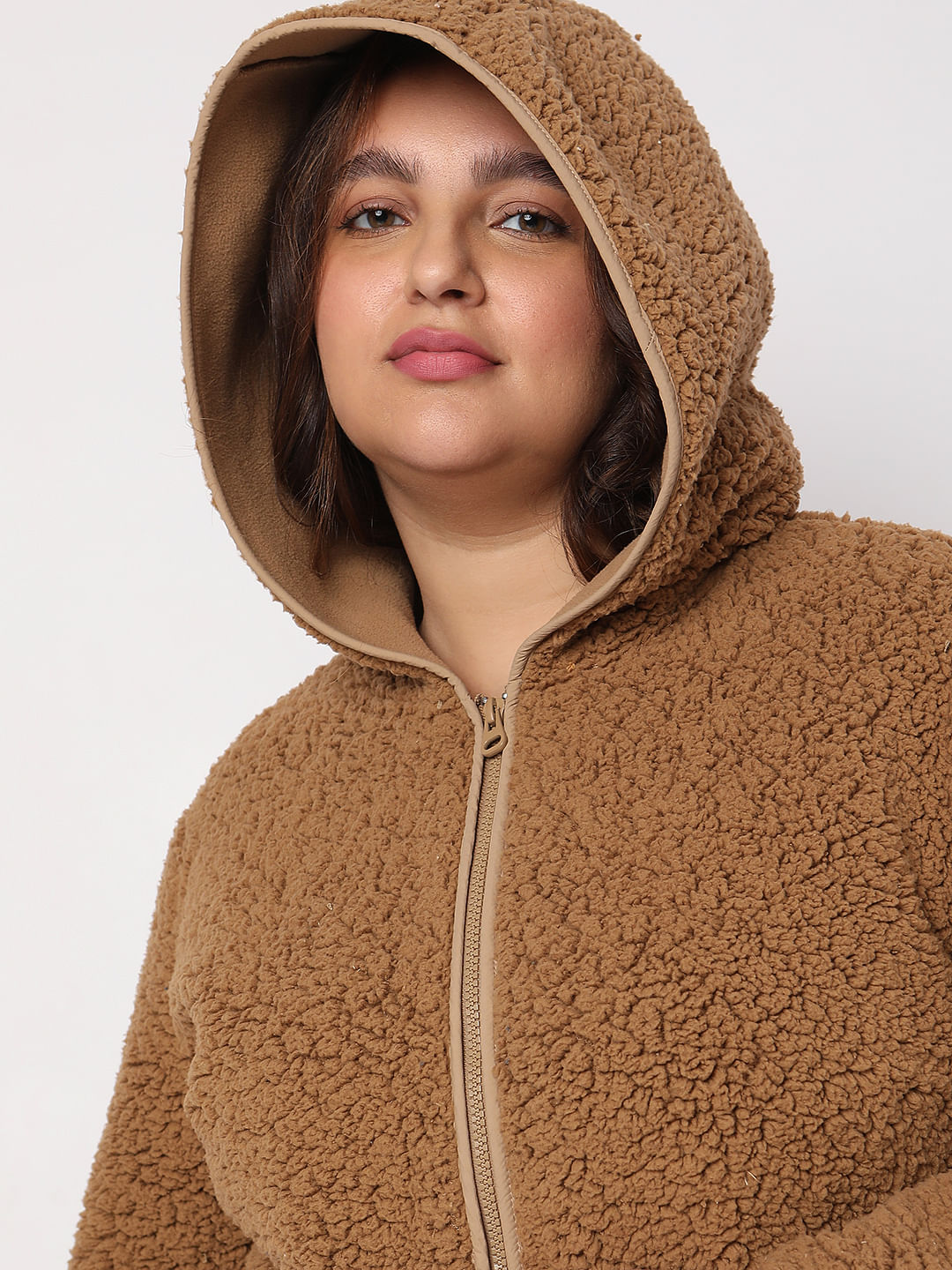Curve Brown Teddy Hooded Jacket