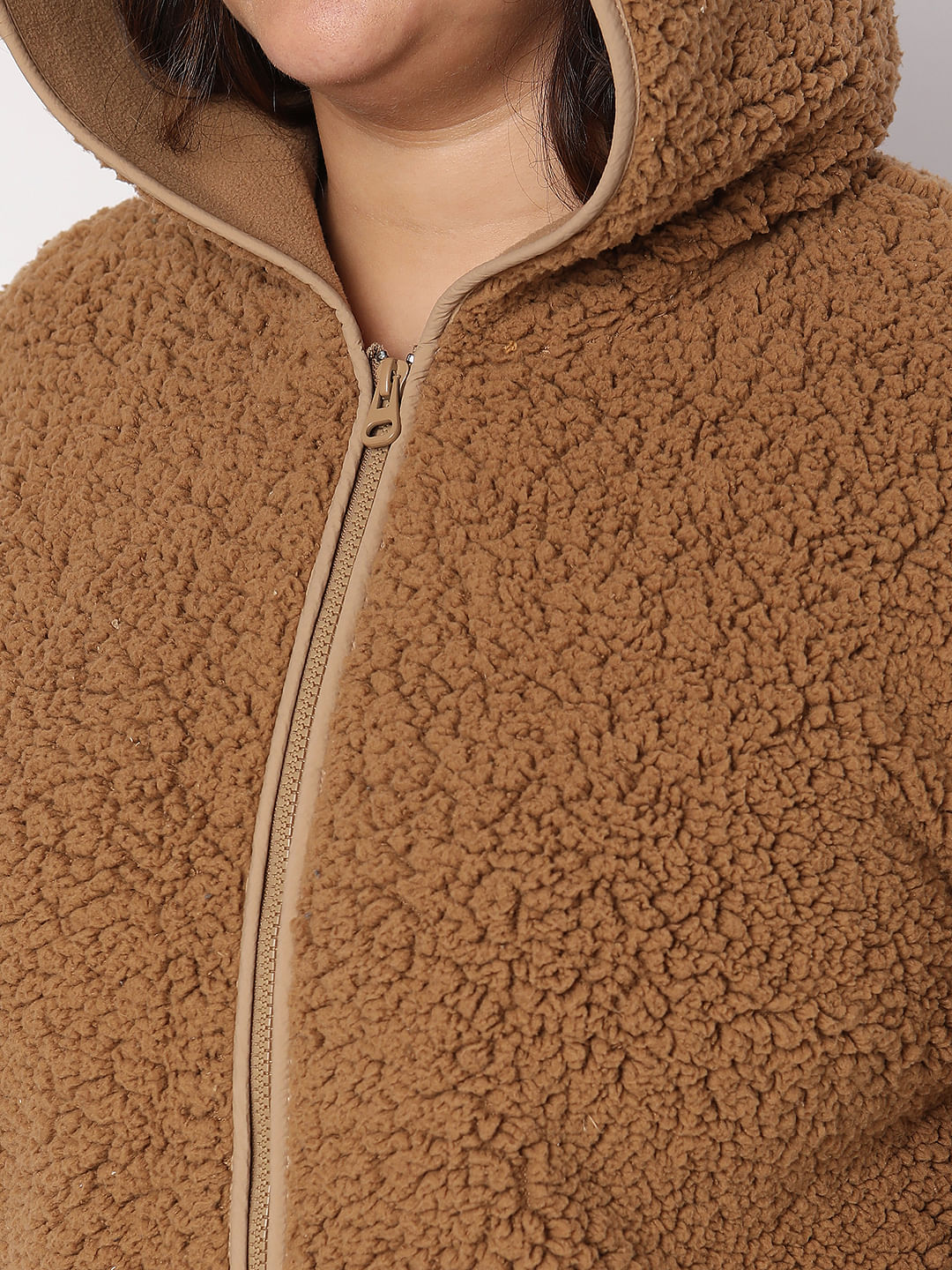 Curve Brown Teddy Hooded Jacket