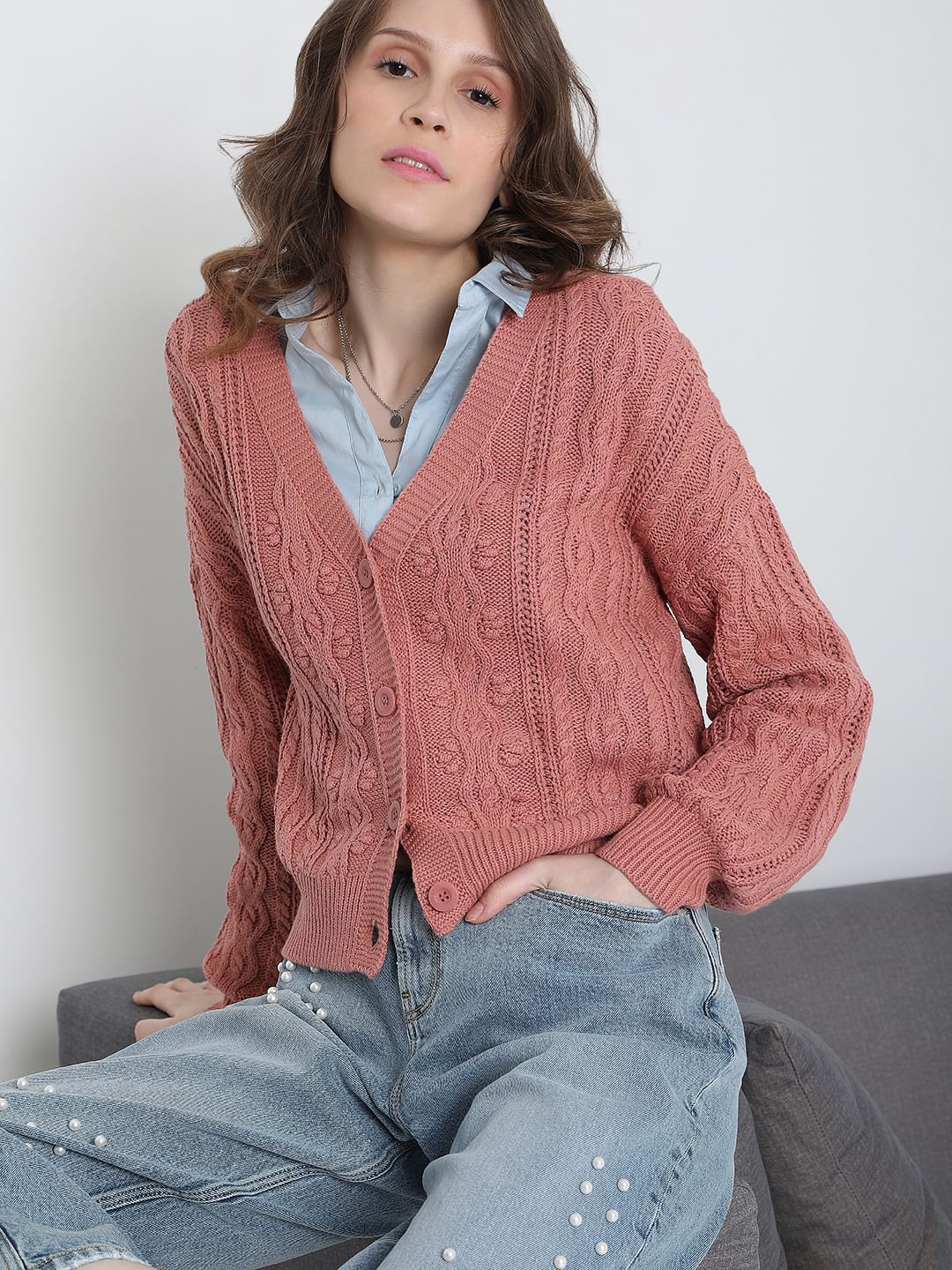 Pink Cable Knit Cardigan