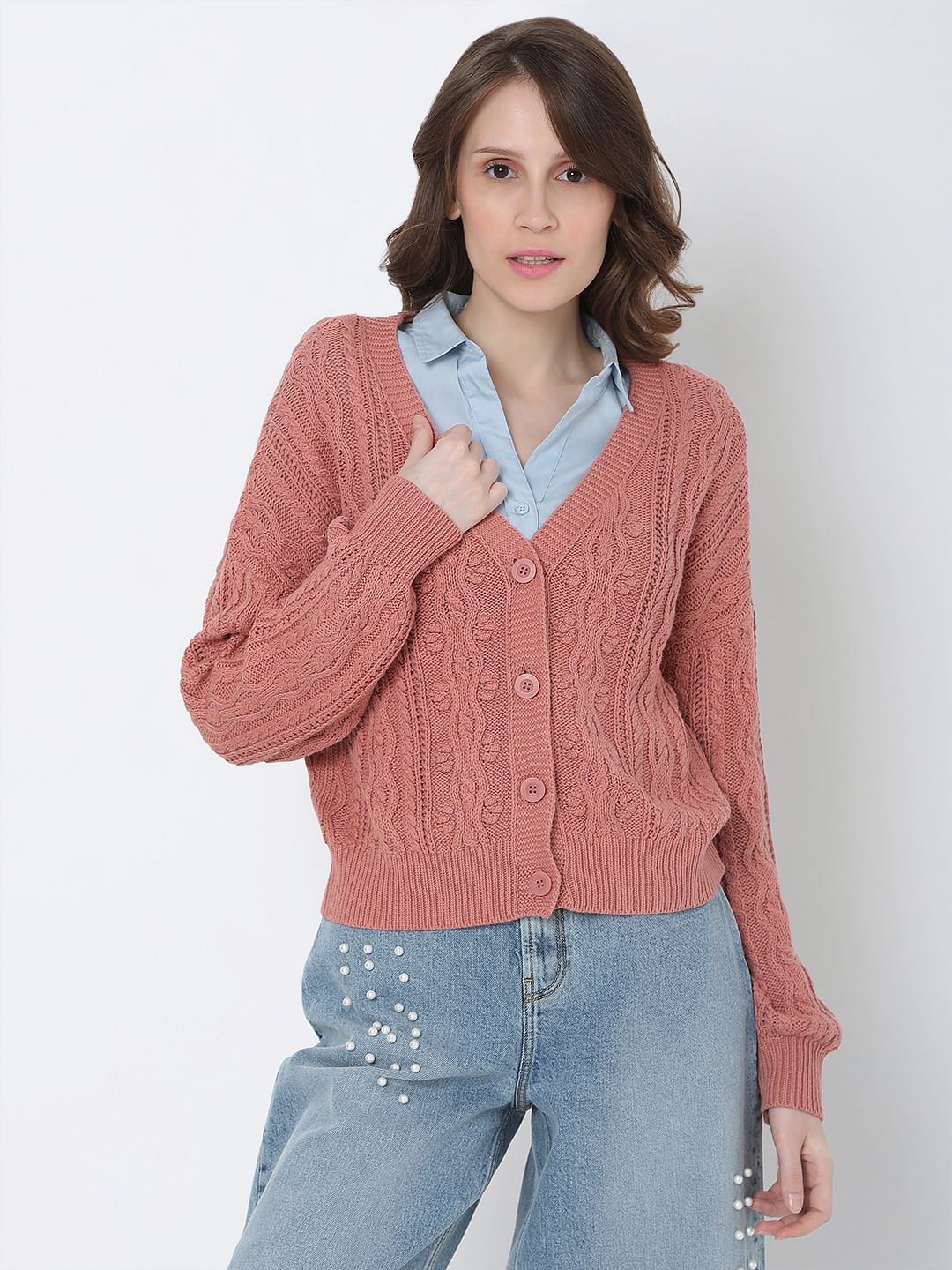 Pink Cable Knit Cardigan