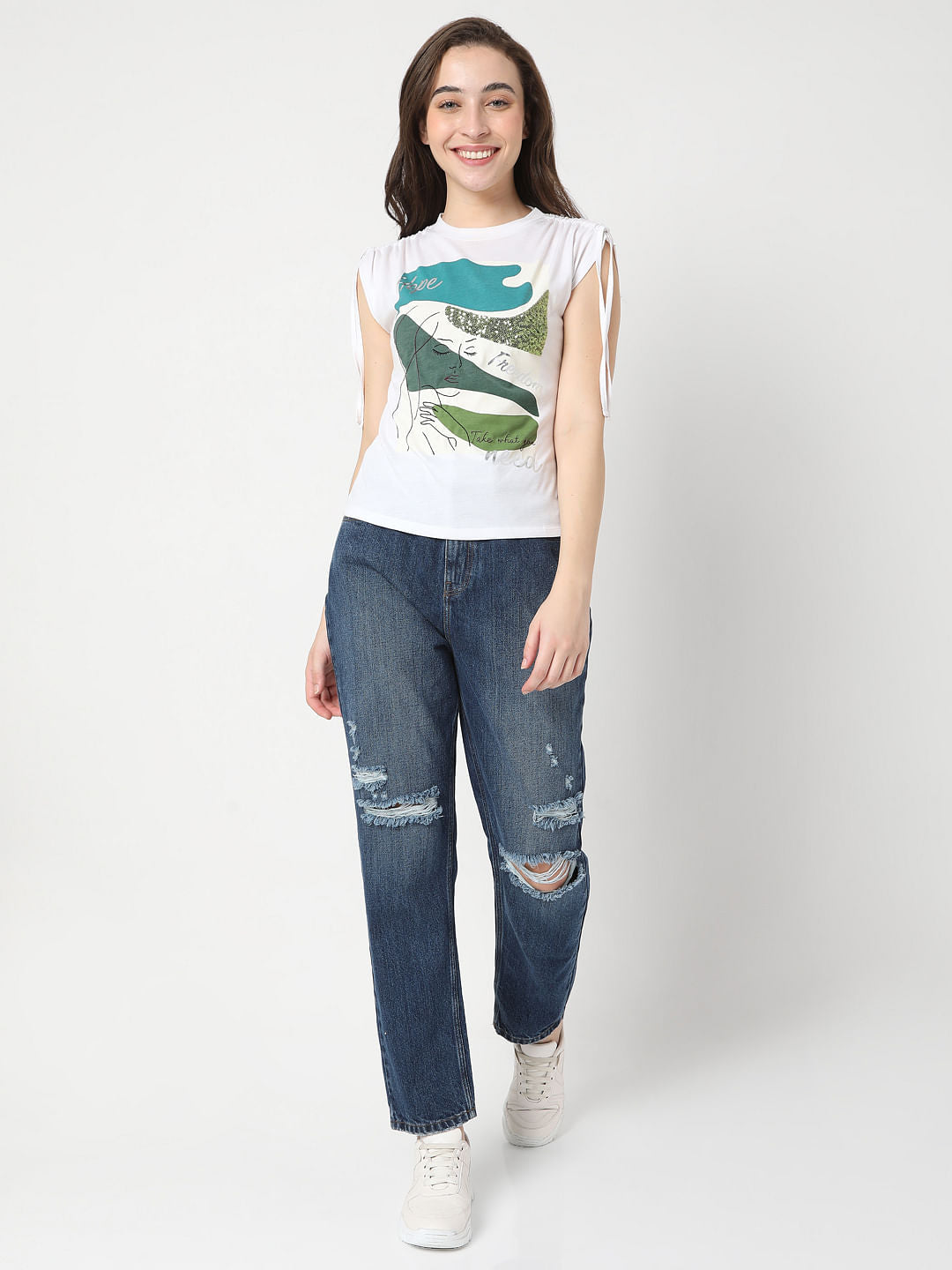 White Graphic Print Top