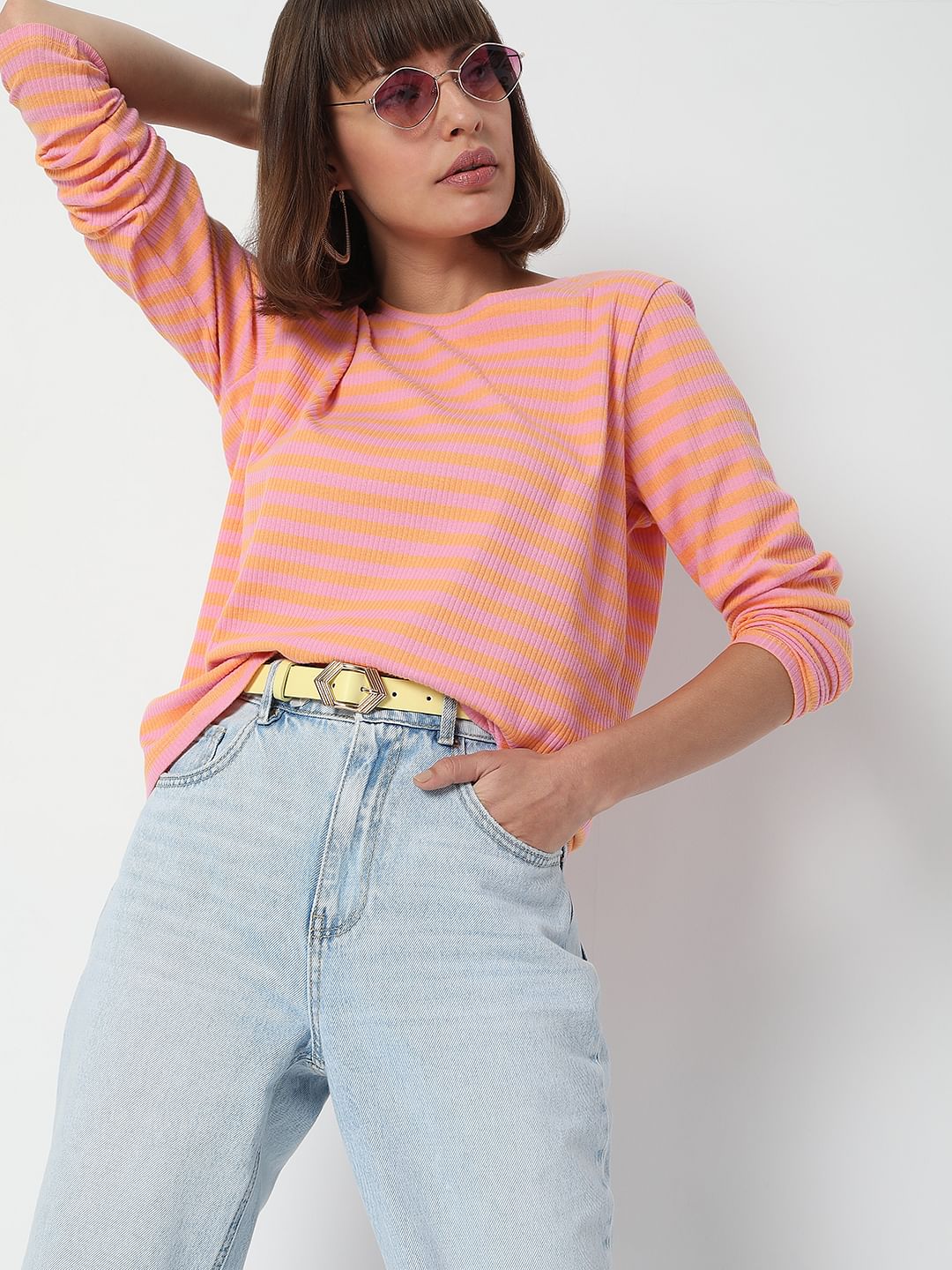 Pink Striped Full Sleeves T-Shirt