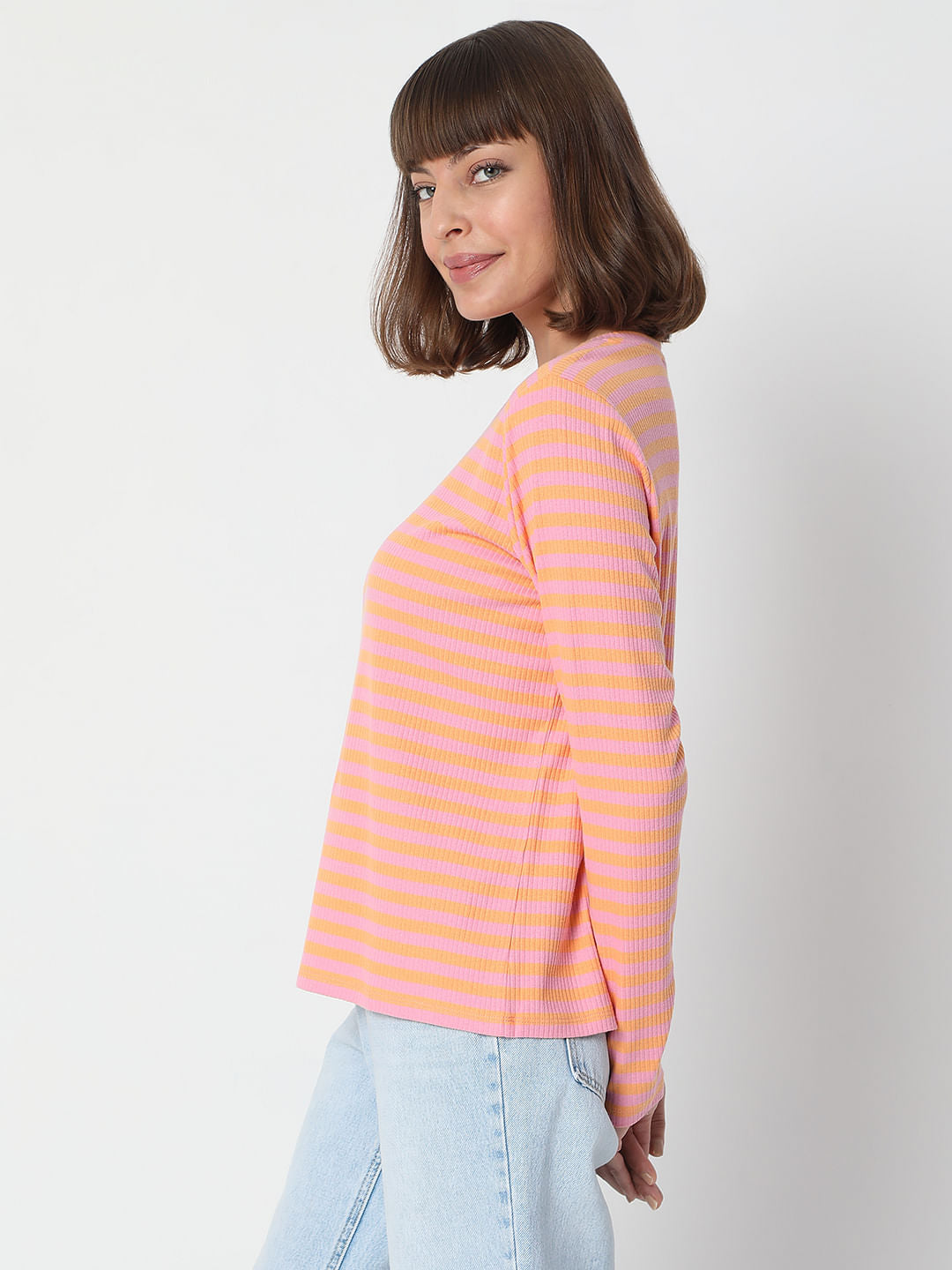 Pink Striped Full Sleeves T-Shirt