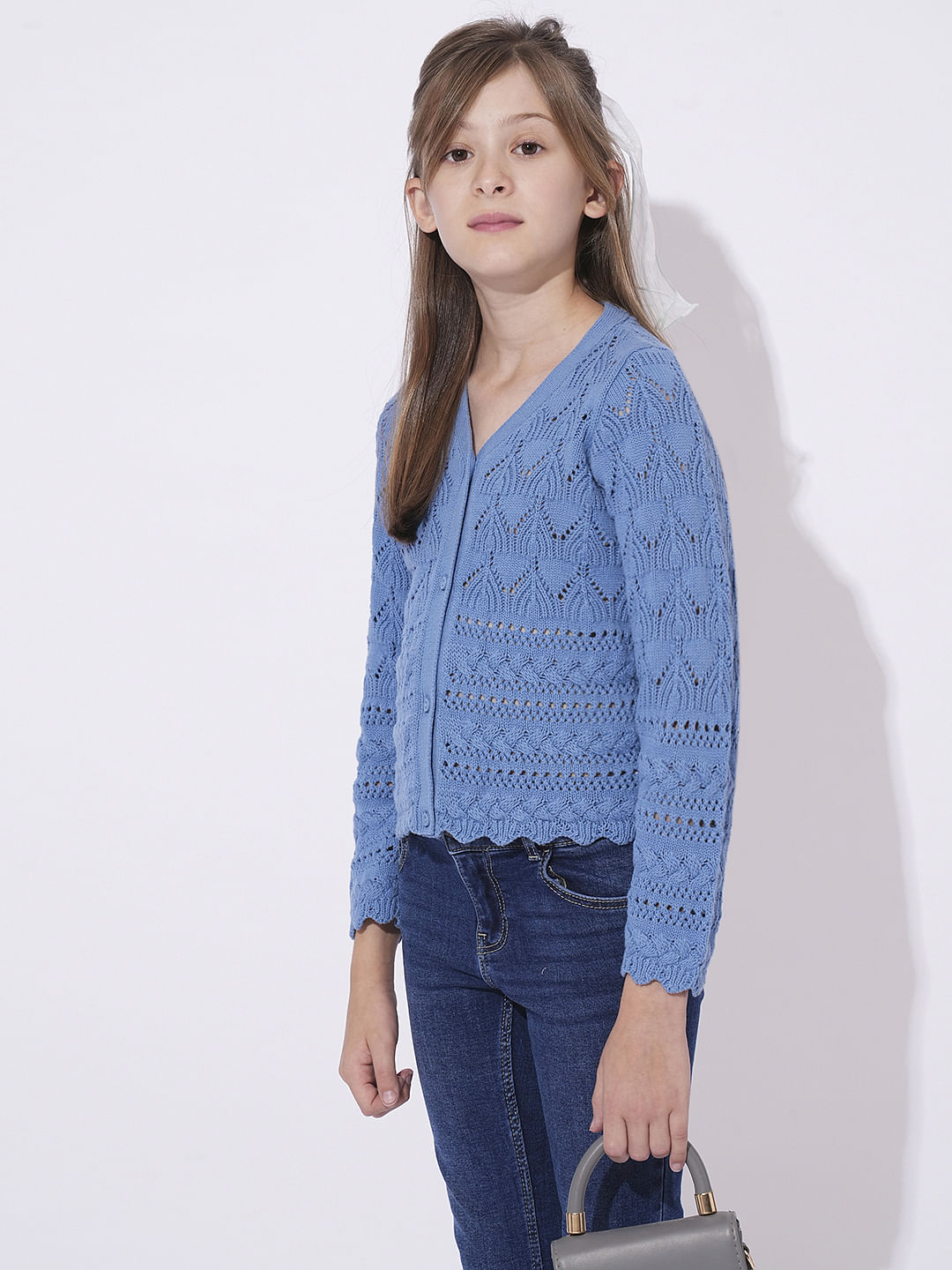 Girls Blue V-Neck Cardigan