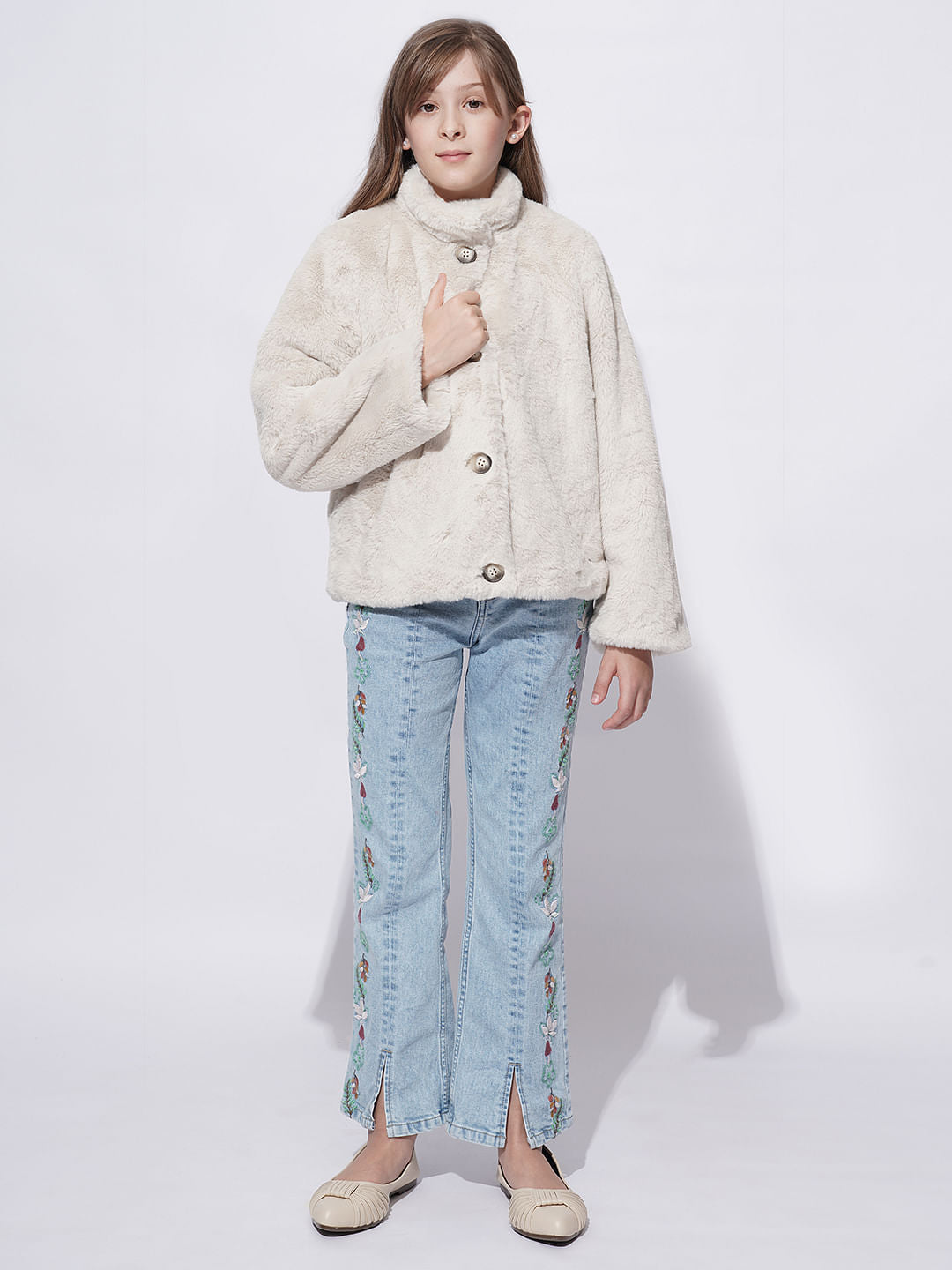 Girls Light Beige Faux Fur Short Jacket