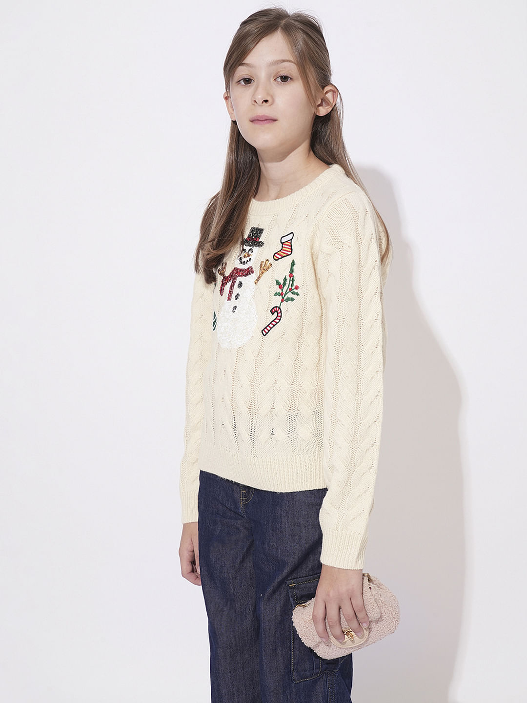 Girls Beige Printed Short Pullover