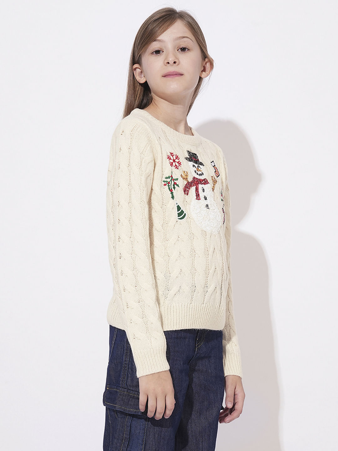 Girls Beige Printed Short Pullover