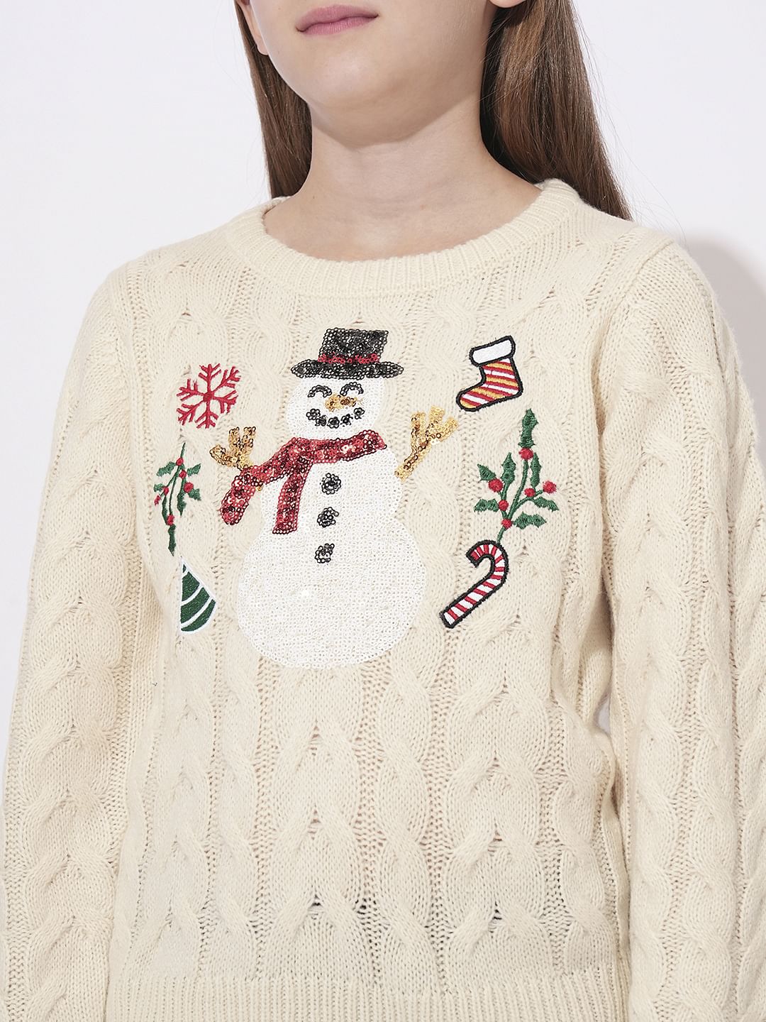 Girls Beige Printed Short Pullover