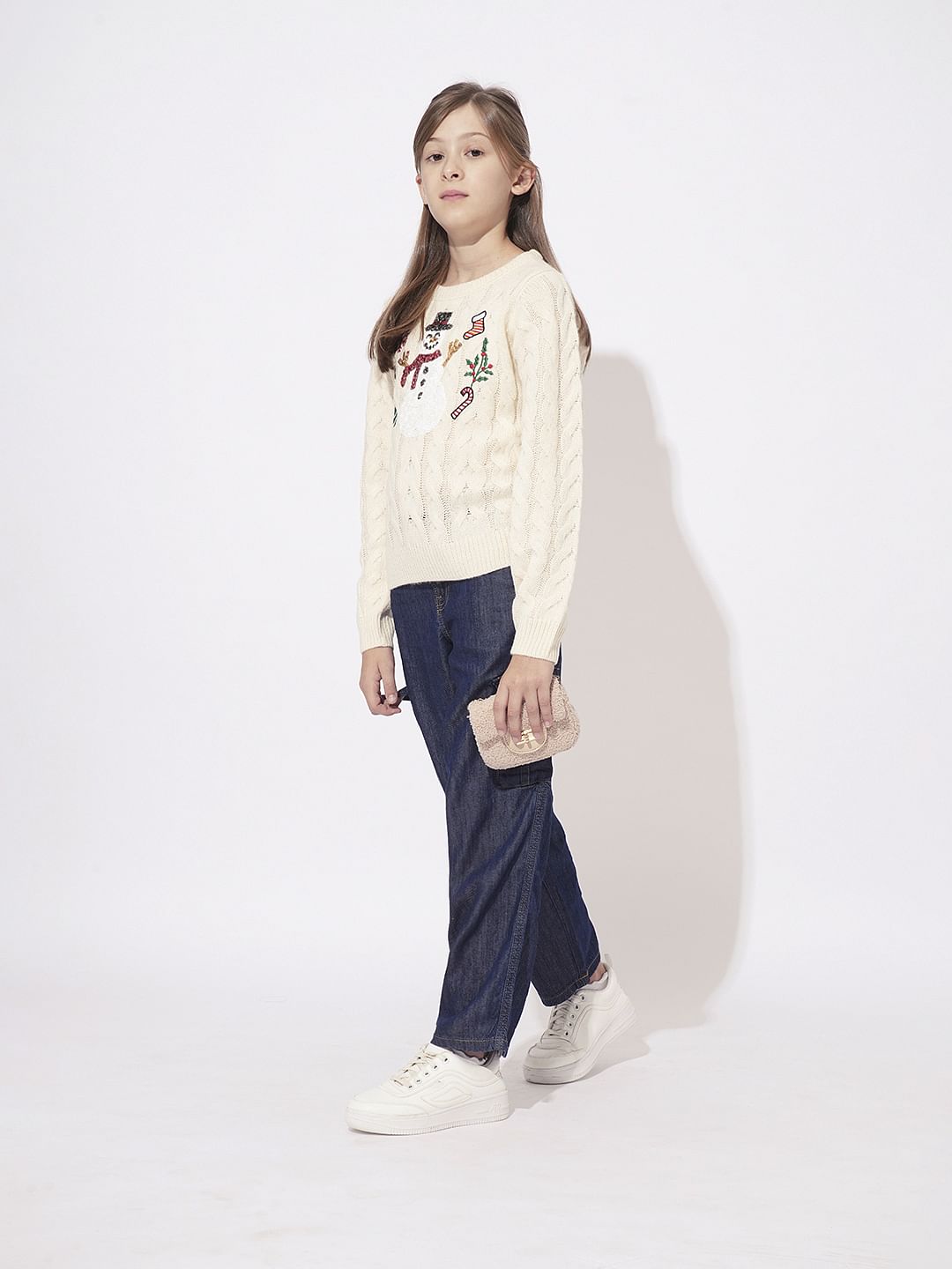 Girls Beige Printed Short Pullover