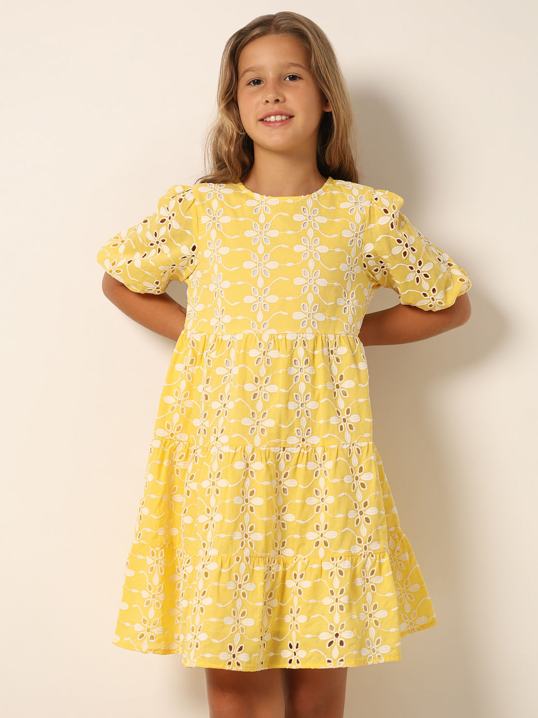 Yellow Schiffli Detail Fit & Flare Dress