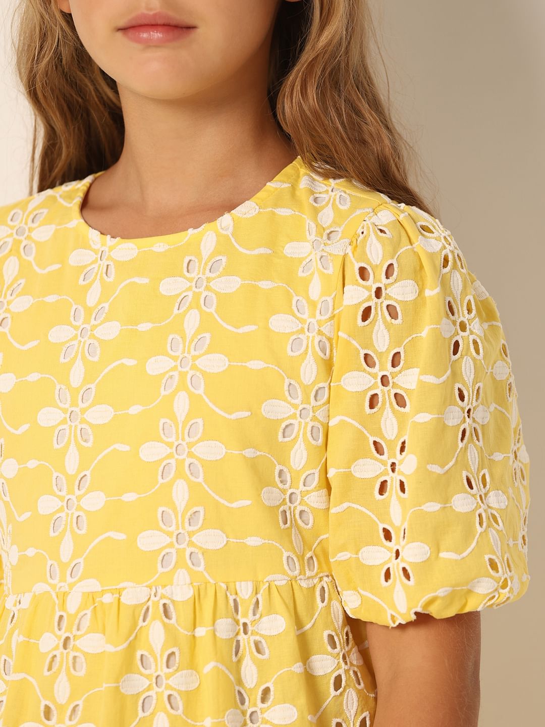 Yellow Schiffli Detail Fit & Flare Dress