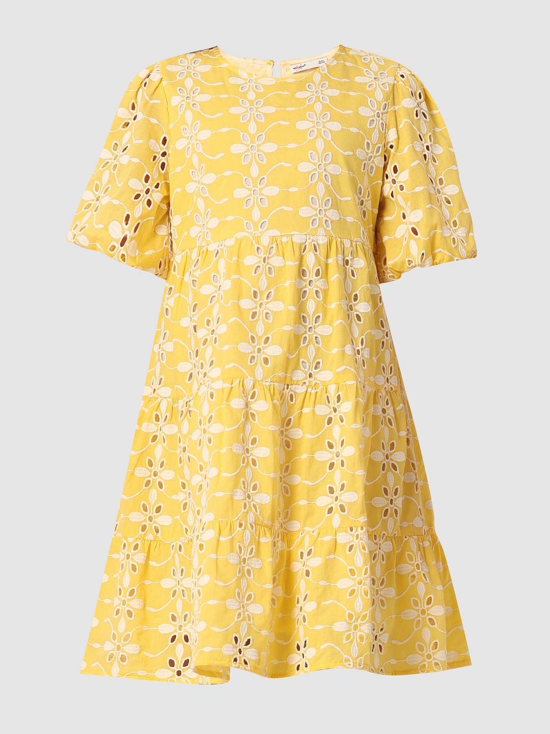 Yellow Schiffli Detail Fit & Flare Dress