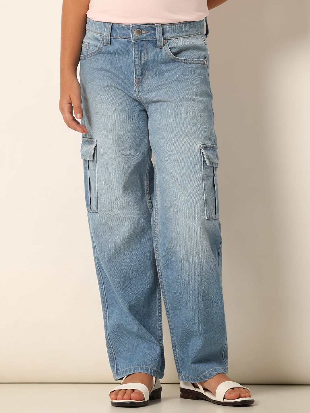Blue Wide Leg Cargo Jeans