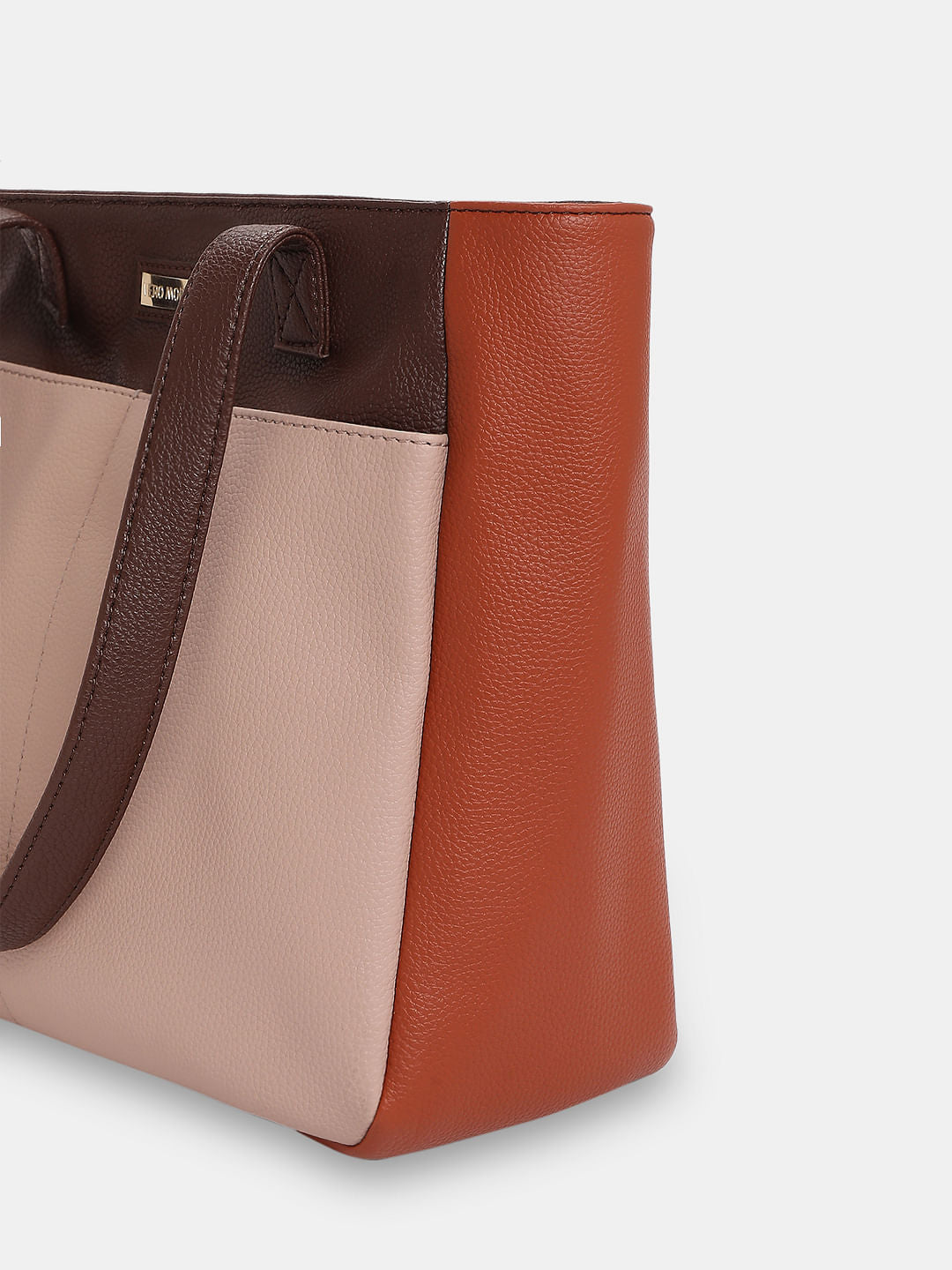 Beige Colourblocked Tote Bag