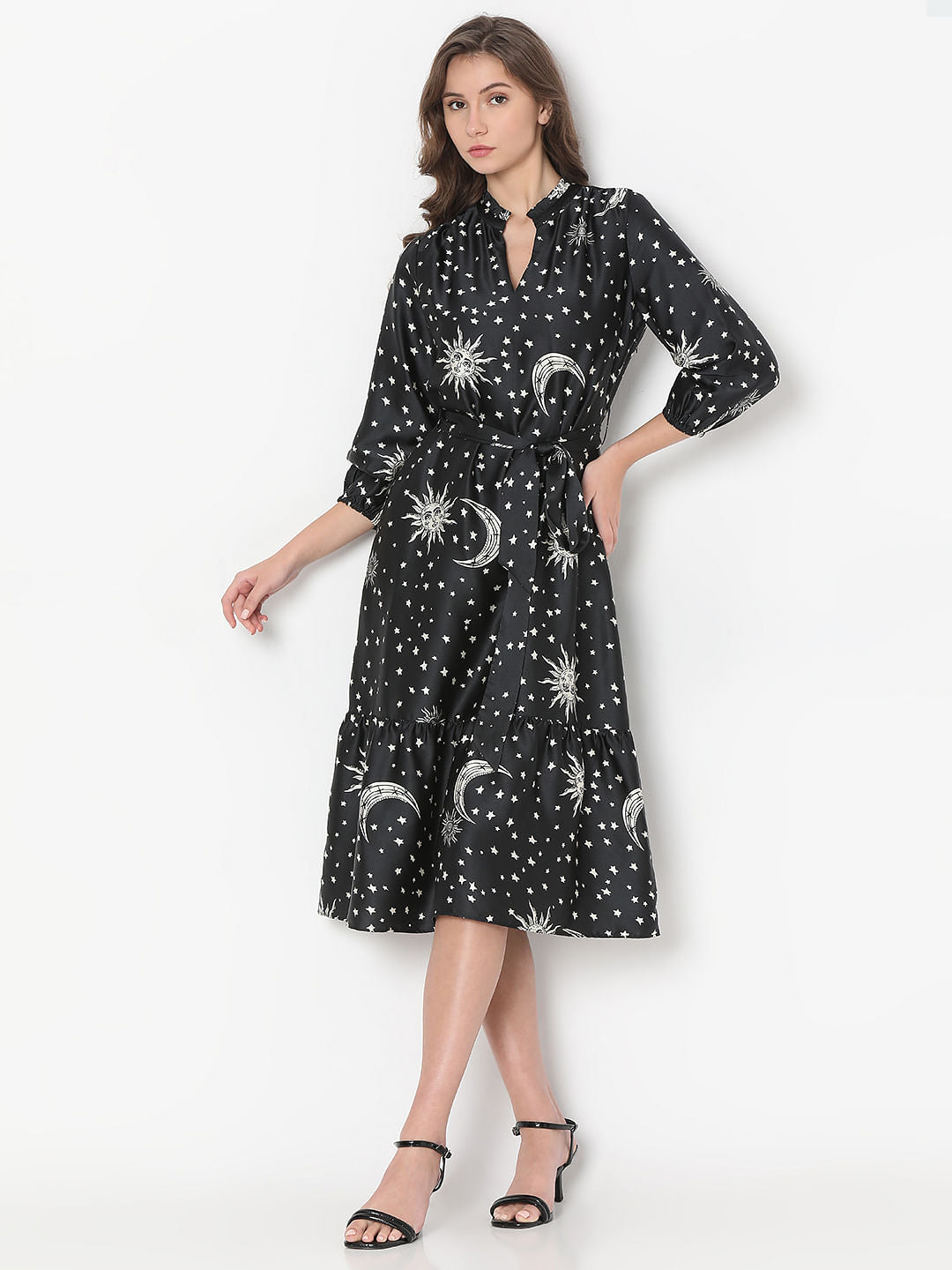 Black Celestial Print Midi Dress