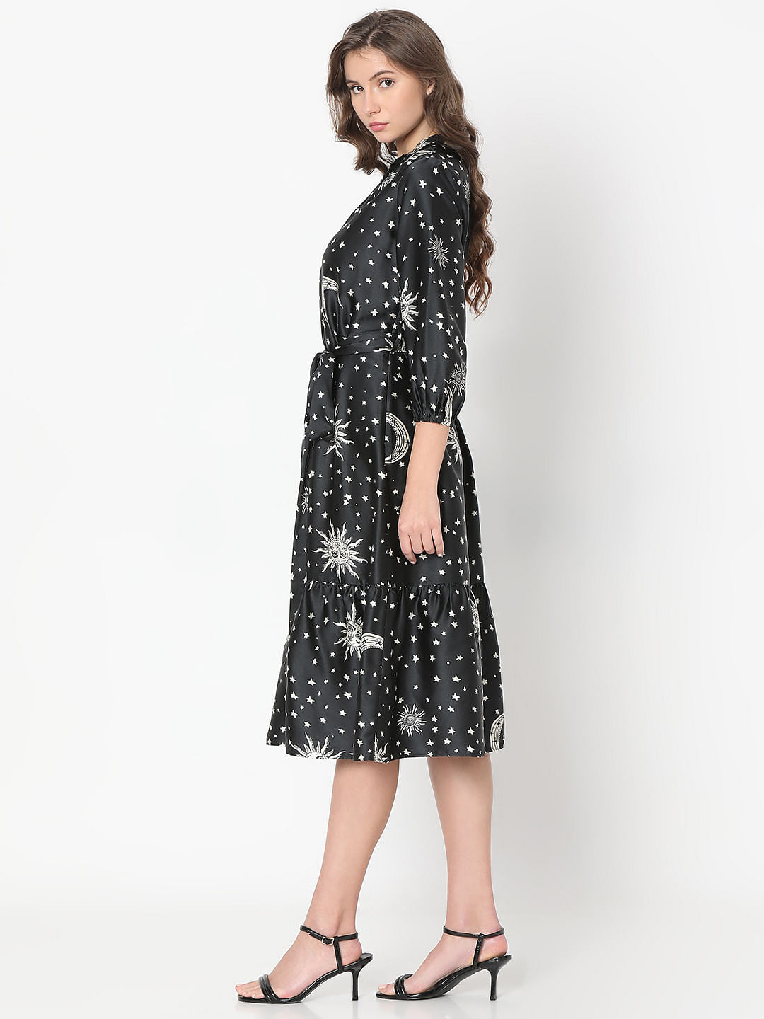 Black Celestial Print Midi Dress