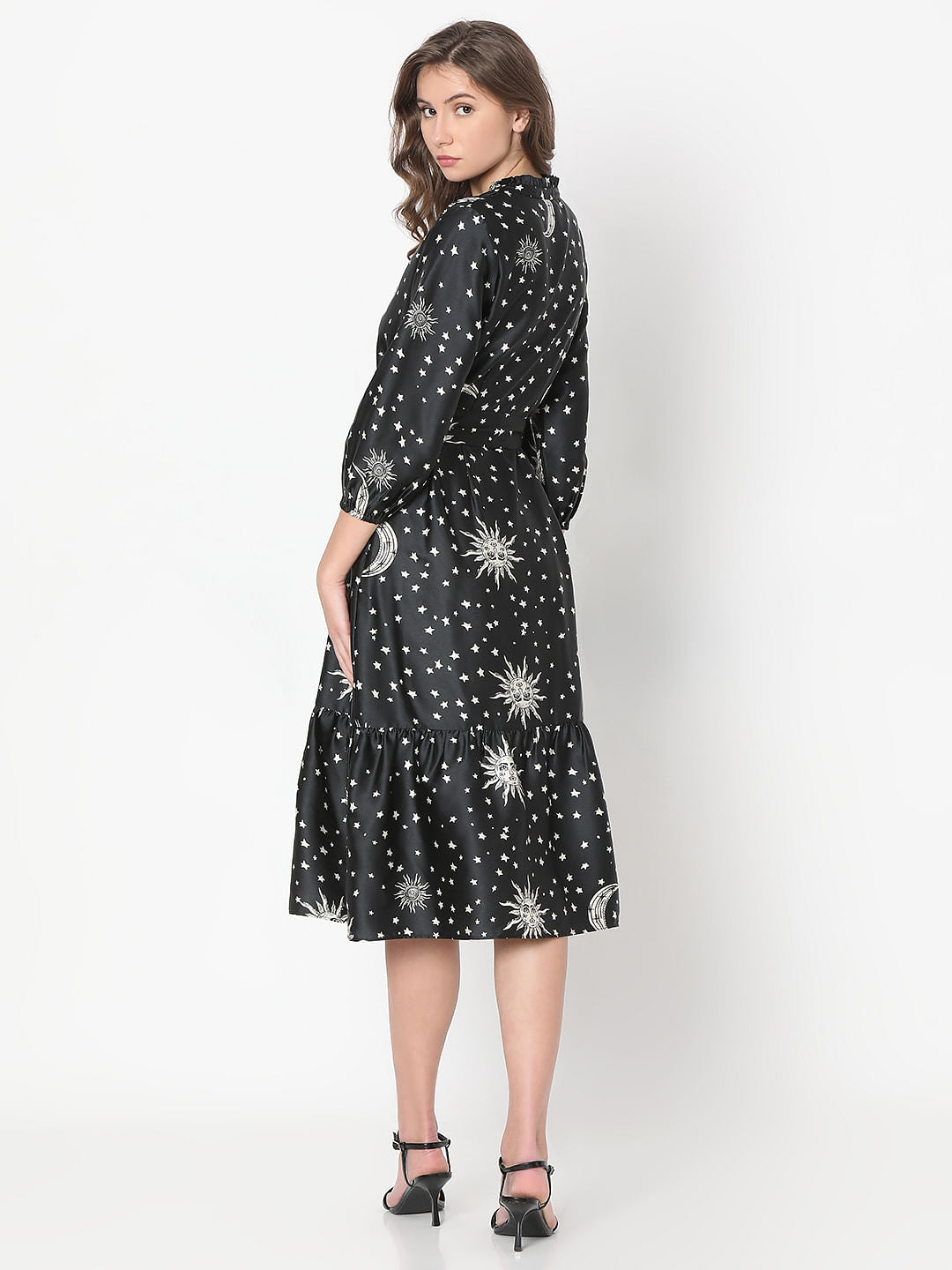 Black Celestial Print Midi Dress