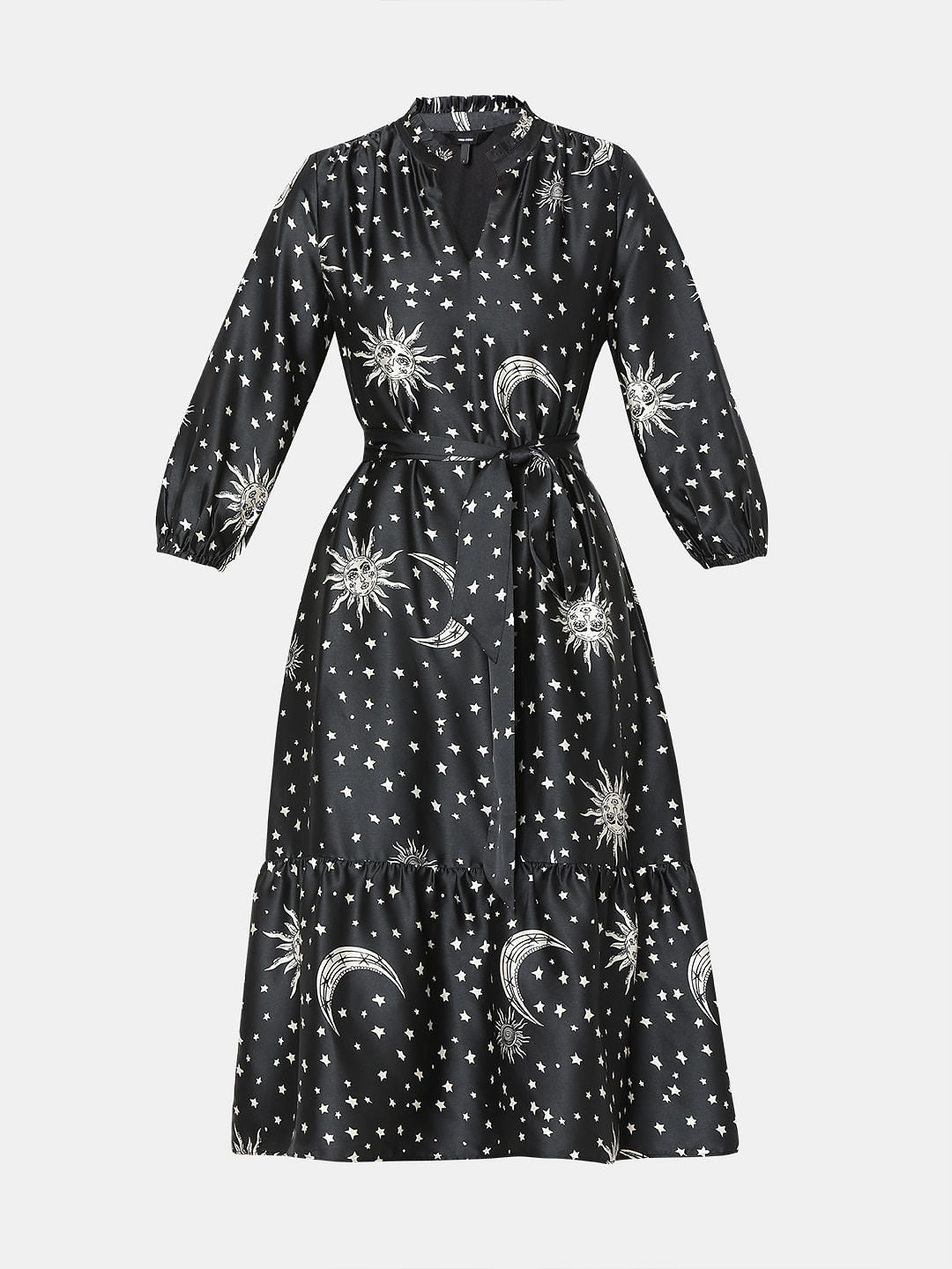 Black Celestial Print Midi Dress