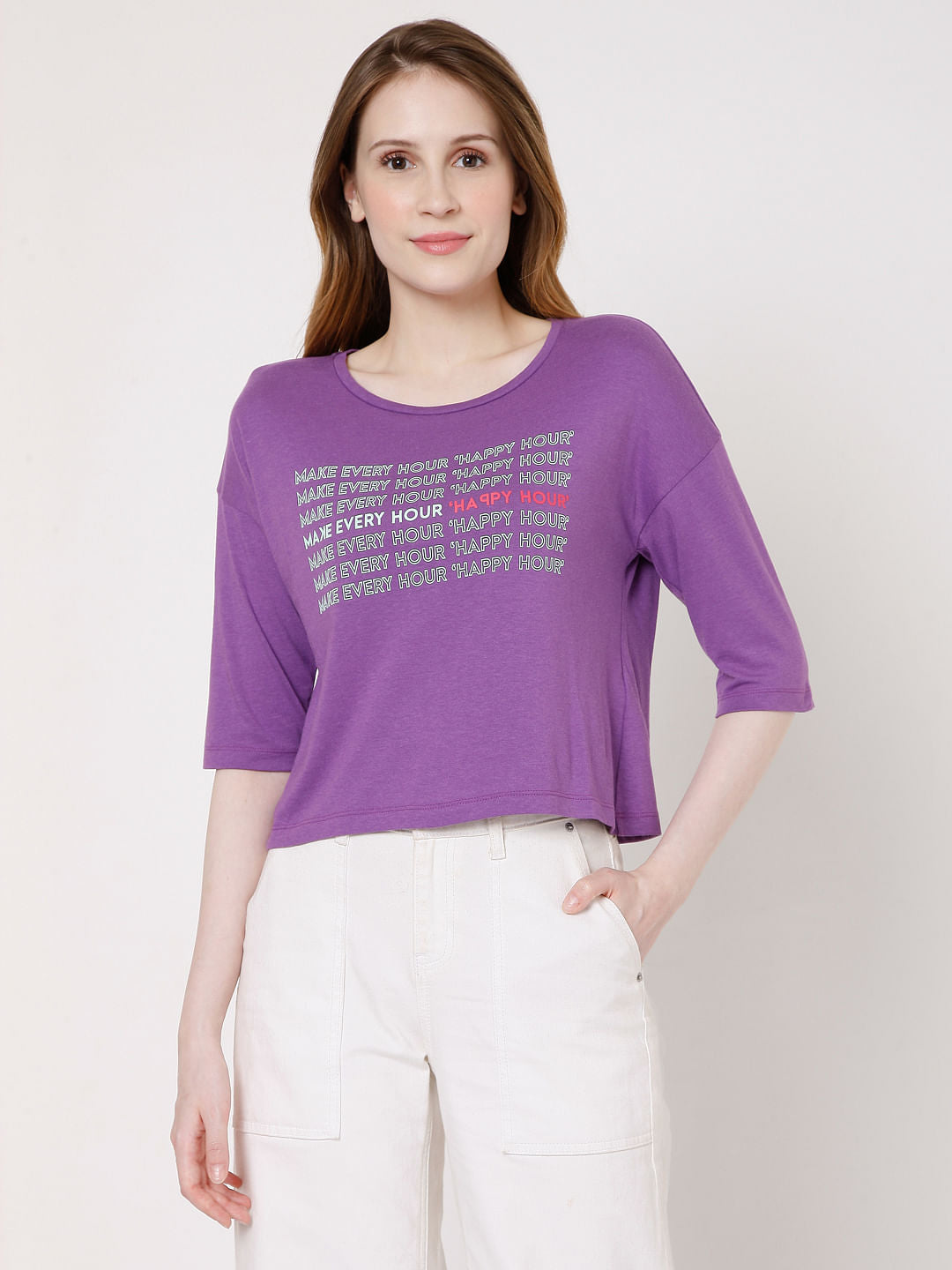 Purple Slogan Print Print T-Shirt