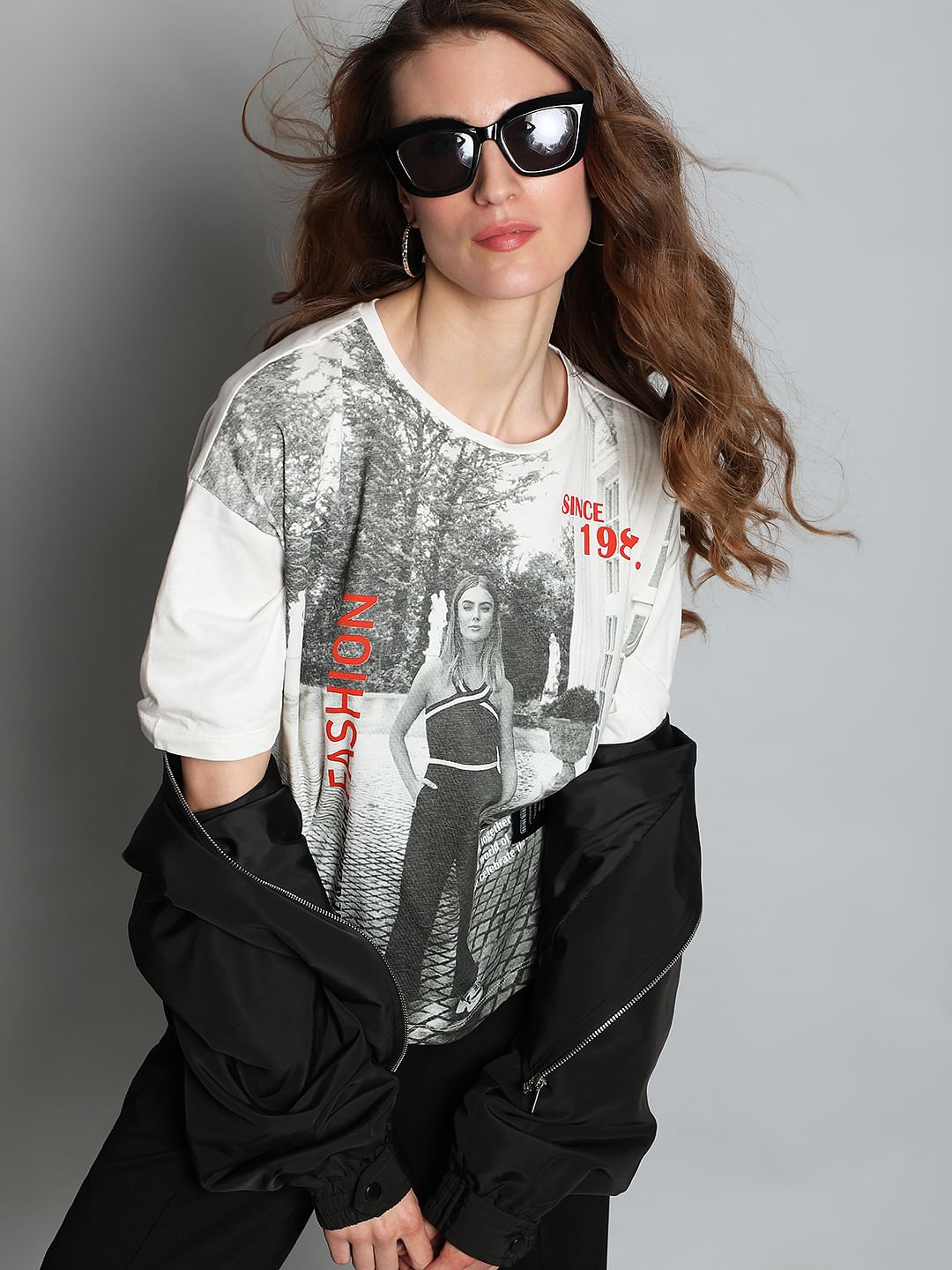 White Printed Drop Shoulder T-Shirt